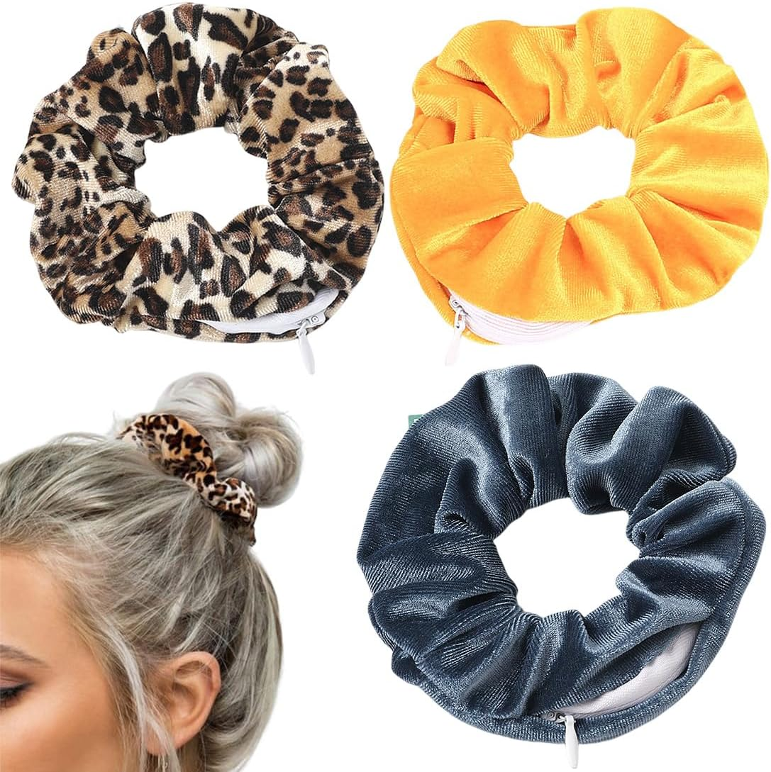 Pack of 3 Hair Bobbles Scrunchies Hair Rubber Bands Hair Bands Elastic Colourful Hair Accessories Hair Rope for Girls Women Ponytail Hair Bobbles with Zip Pocket Hair Scrunchies image number 1
