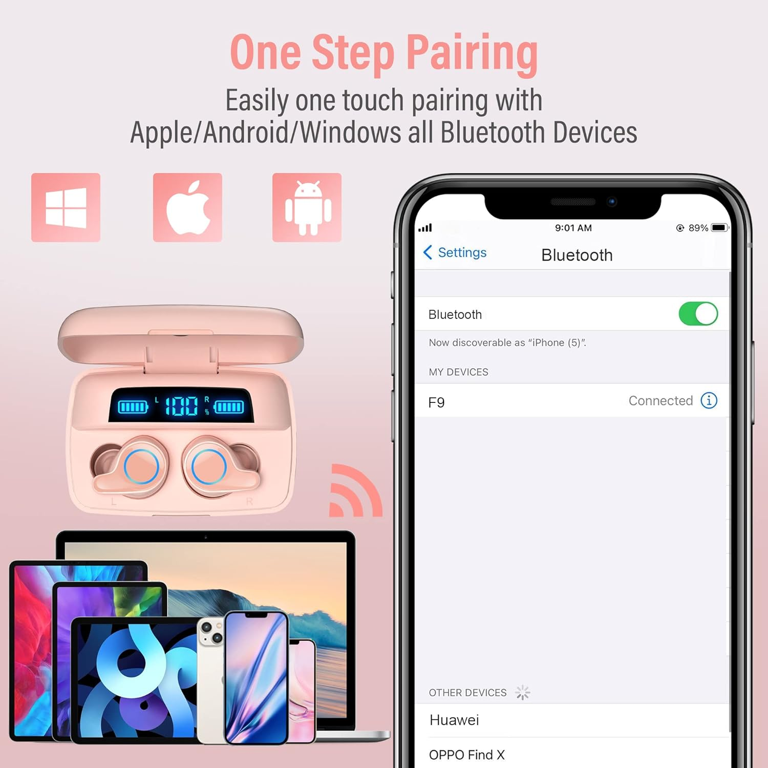 Esiposs Wireless Bluetooth 5.0 In-Ear Headphones with Microphone 156H Playtime with USB-C LCD Charging Case, Wireless Stereo Sound IPX7 Waterproof Earphones for Iphone Samsung Android - Dark Black image number 5