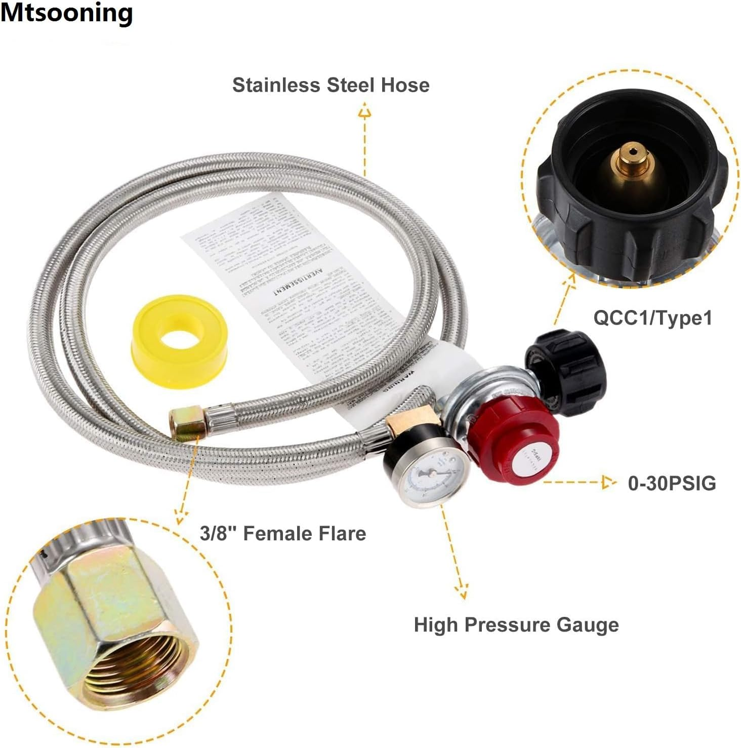 Mtsooning 0-30 PSI High Pressure Adjustable Propane Regulator with Stainless Steel Braided Hose& Gauge, 60&rsquo;&rsquo; Hose Qcc1/Type1 to 3/8" Female Flare, for BBQ Fire Pit Gas Stove Forge Smoker Turkey Fryer