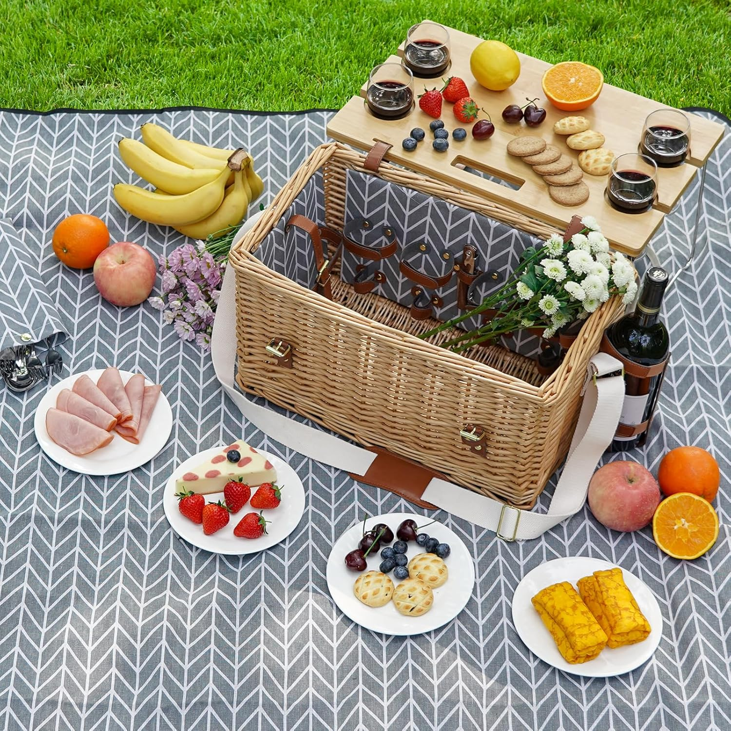 Luxury Picnic Basket, Wicker Picnic Set for 4, Picnic Hamper with Blanket & Portable Table for Camping and Outdoor Party - Gray image number 2