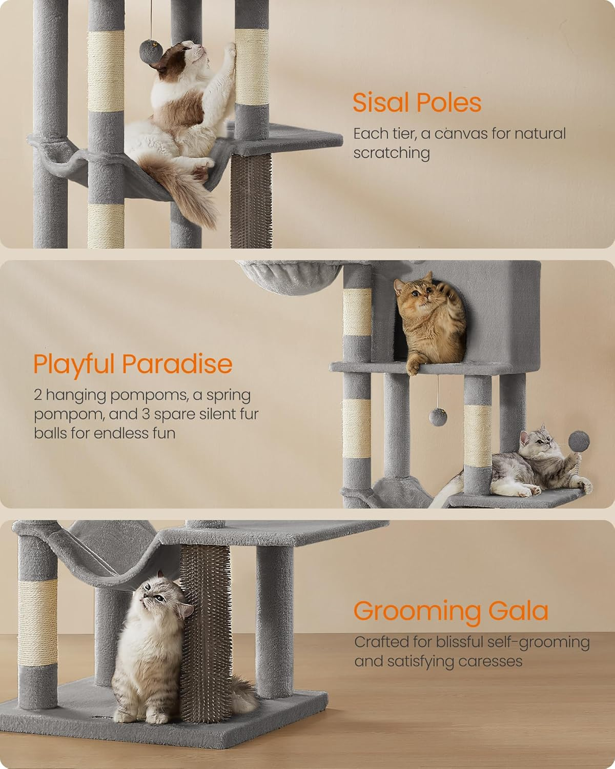 Feandrea Cat Tree, 69-Inch Tall Cat Tower for Indoor Cats, Multi-Level Cat Condo with 2 Caves, 2 Baskets, 5 Scratching Posts, Self-Groomer, Perch, Hammock, Dove Gray UPCT182G01 - Dove Gray image number 3