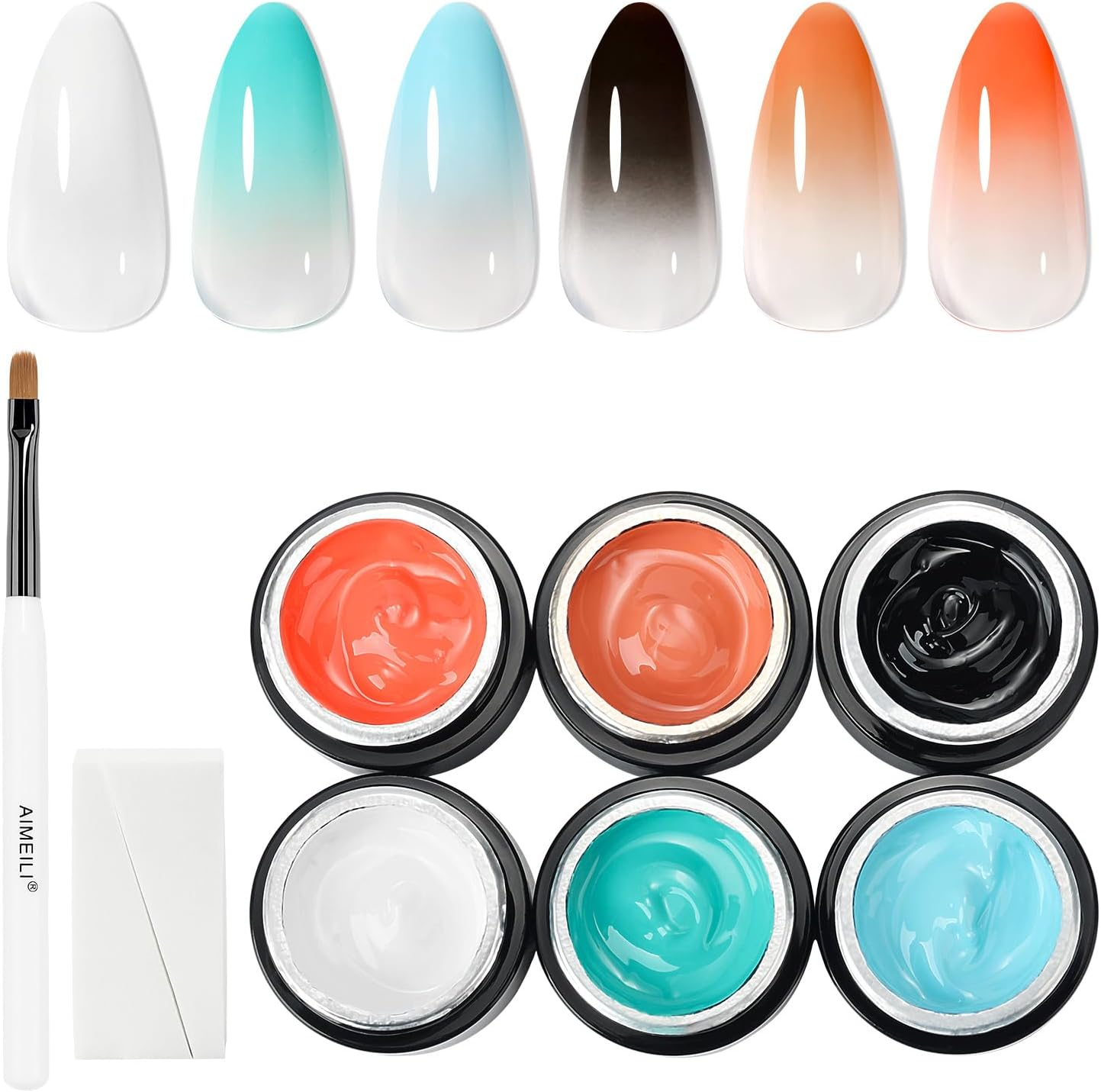 AIMEILI Ombre Gel Nail Polish Kit, Vegan, Cruelty Free, Gradient Blush Effect Solid Gel Polish 6 Colors Pat Painting Gel with Nail Sponge Drawing Brush