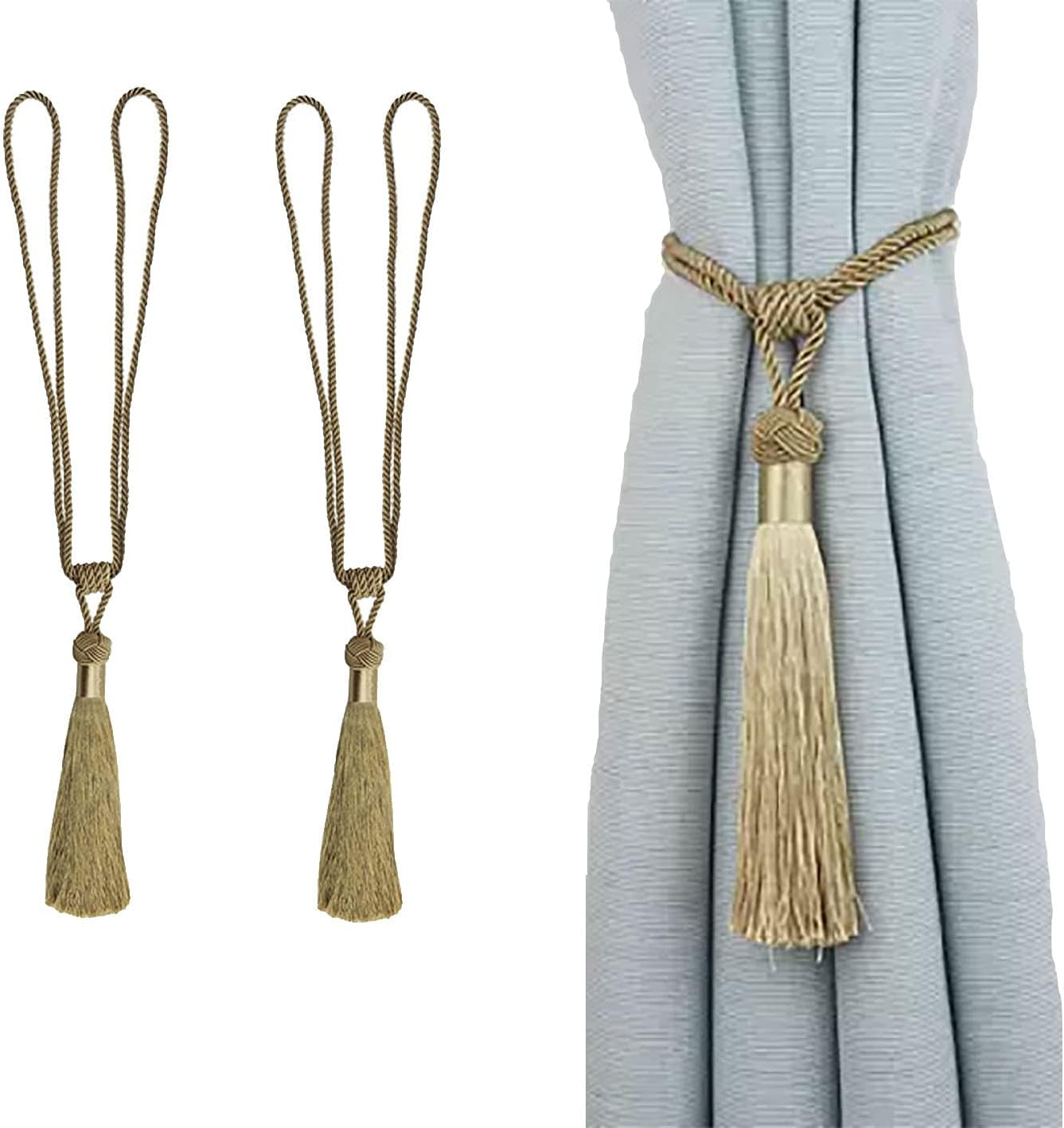 Curtain Tiebacks Handmade Rope Tassel Tie Backs Pair Curtain Holdbacks Curtain Liner Ties for Office Home Decorative Drapery Set of 2 (Silver, 2)