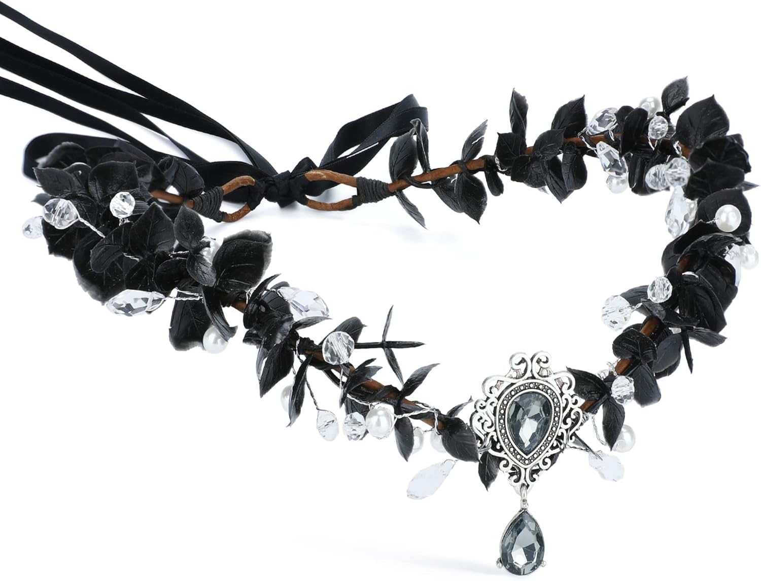 MOSTORY Eucalyptus Flower Headband Baby Breath Headpiece Black Crown for Girls Women Black Eucalyptus with Beading Crystal Hair Wreath Boho Garland Elf Cosplay Renaissance Bridal Maternity Costumes image number 4