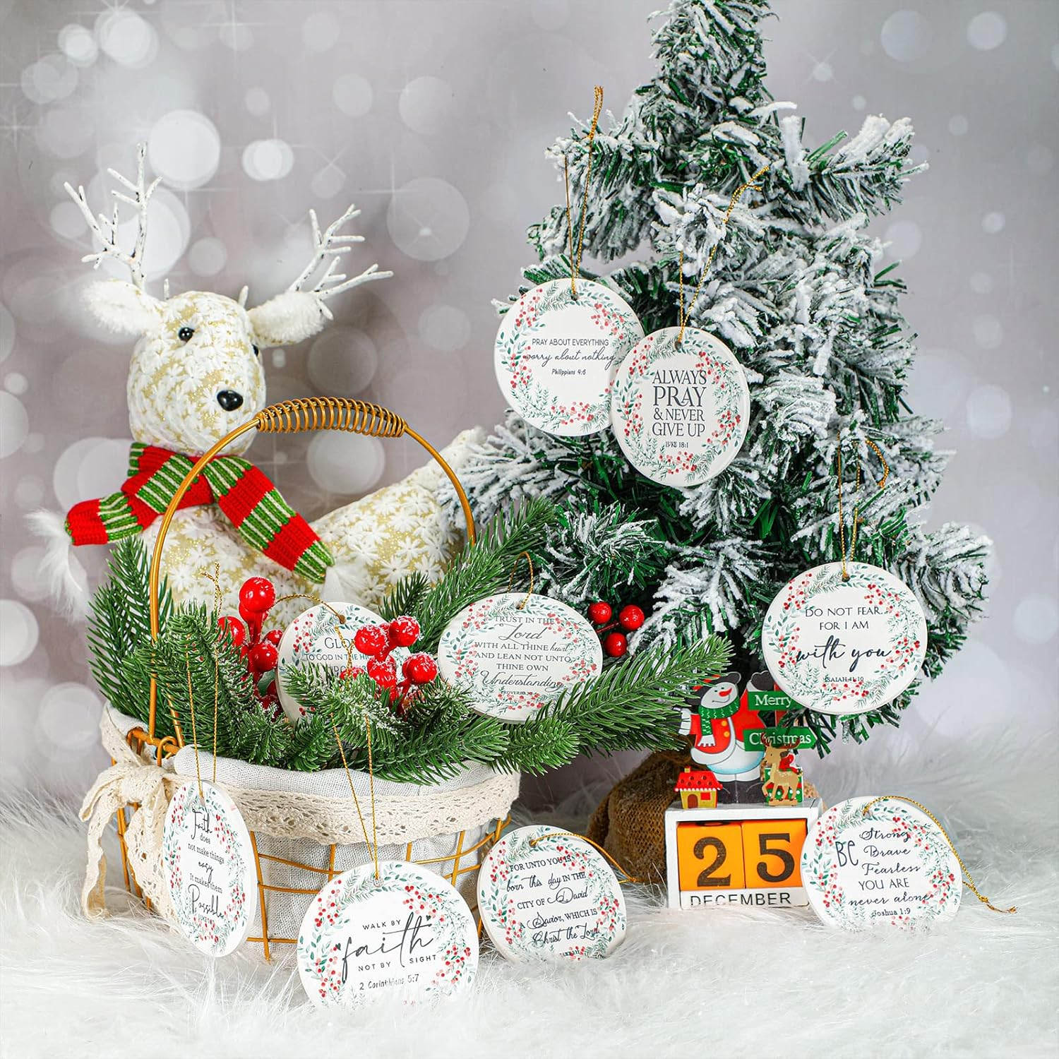 Sieral Bible Verse Christian round Flat Ceramic Ornament Wreath Pattern Inspirational Quotes Ornaments for Mom Women Teacher Gift Bedroom Hanging Religious Christmas Decor (24 Pcs) image number 5