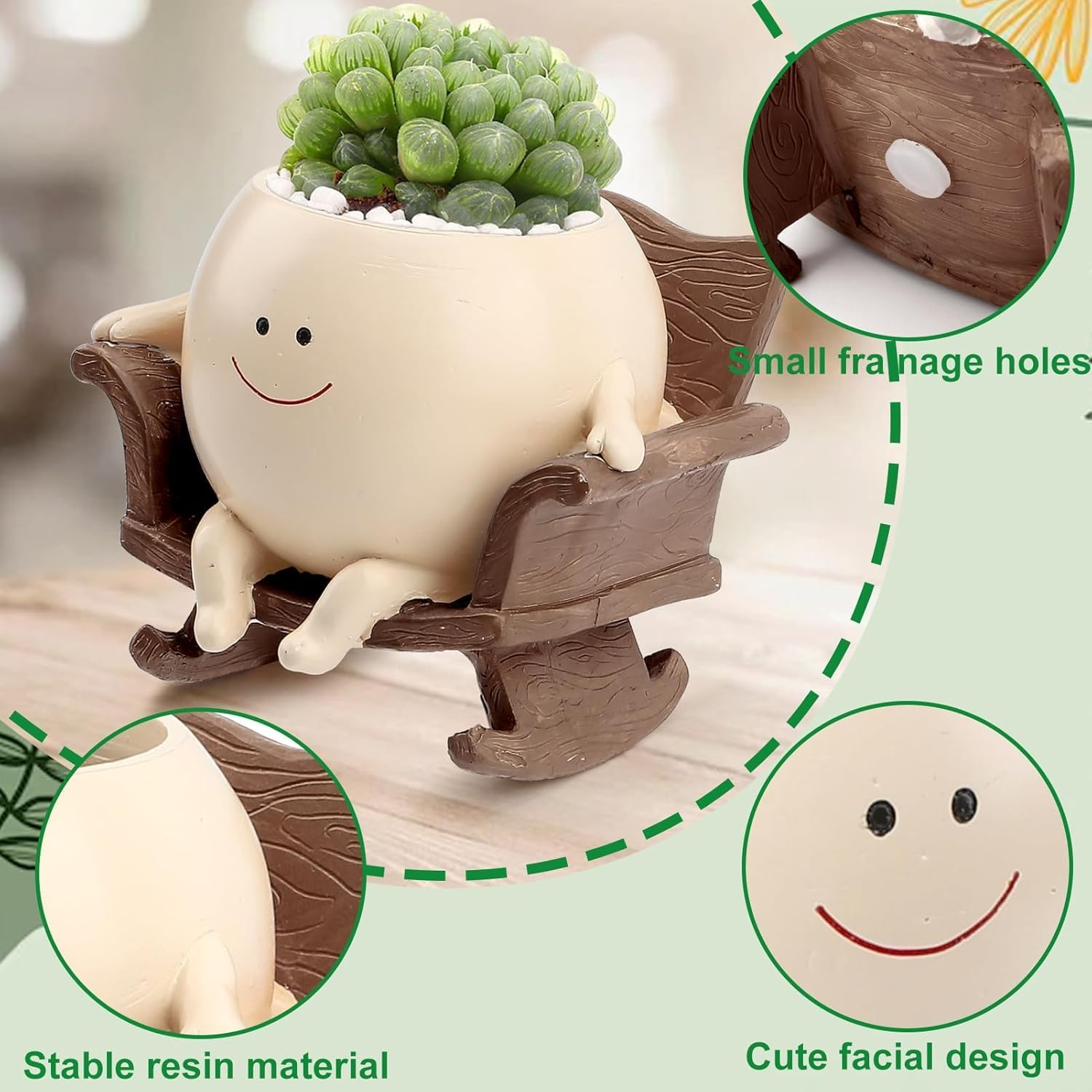 Face Planter Pots for Indoor Plants, Cute Resin Flower Head Planters, Rocking Chair Succulent Flower Pots with Drainage Hole, Gift Ideai for Birthday (Smile) image number 4