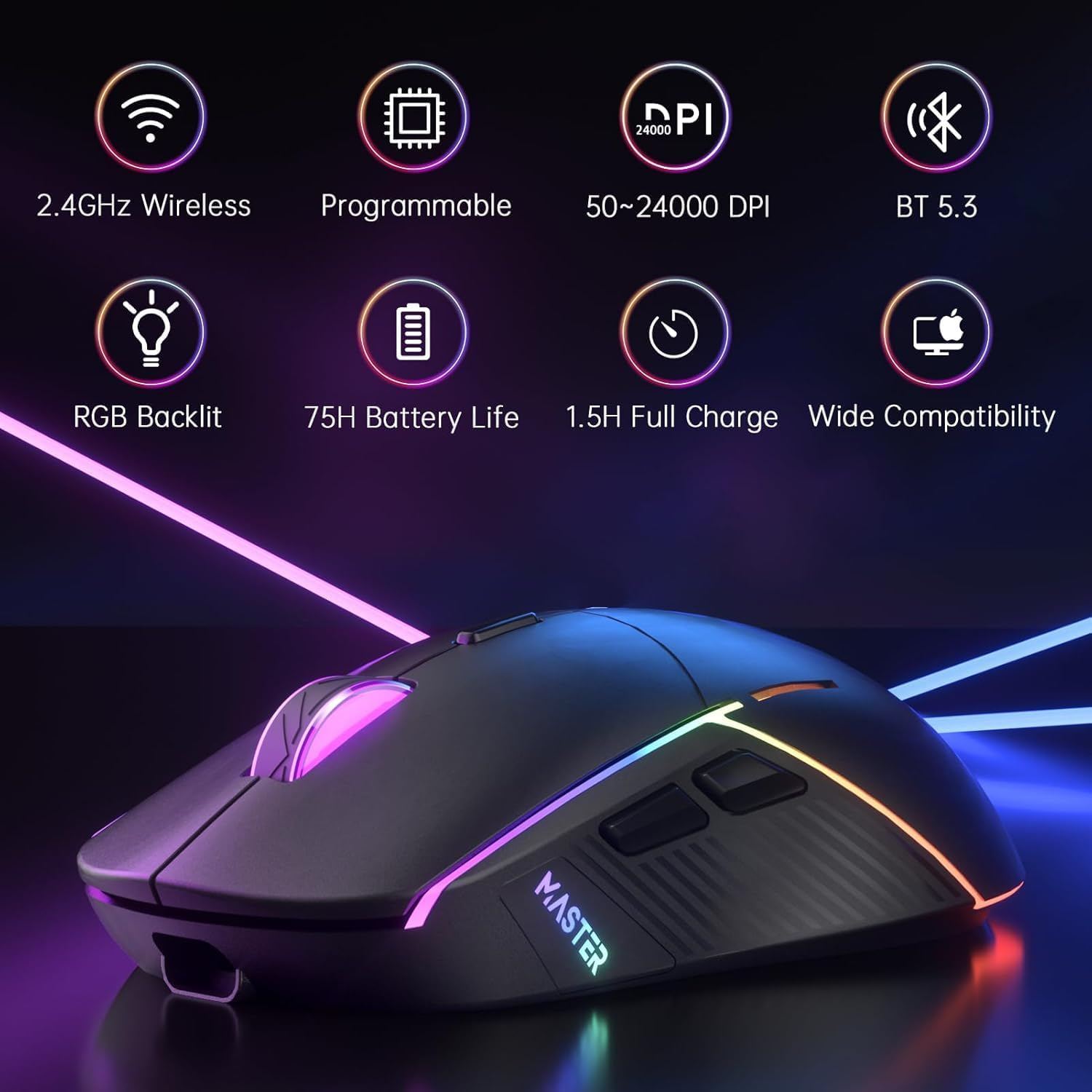 FFJ Wireless Gaming Mouse, 24000 DPI, Tri-Mode 2.4G/Usb-C/Bluetooth 5.3 Gaming Mouse Wireless, RGB Programmable Mouse Gamer, 75Hrs Battery Life, Rechargeable Gaming Mice for PC, Mac, PS5, Xbox - Black - Mint image number 2