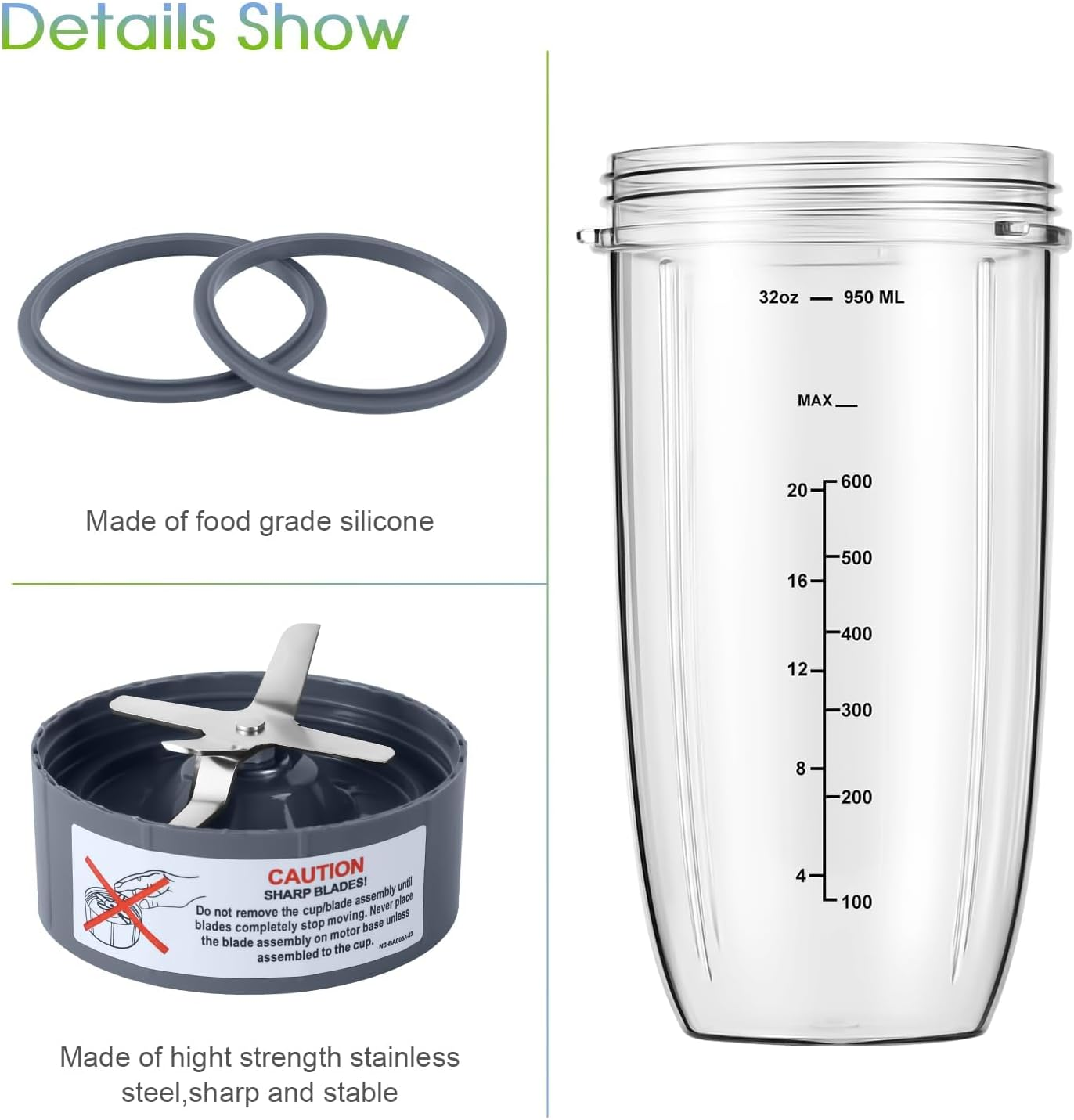 4-Piece Blender Cup and Blade Replacement Parts 32Oz Cup and Extractor Blade and 2 Rubber Gaskets Compatible with Nutribullet High-Speed Blender/Mixer System 600W/900W Series image number 6