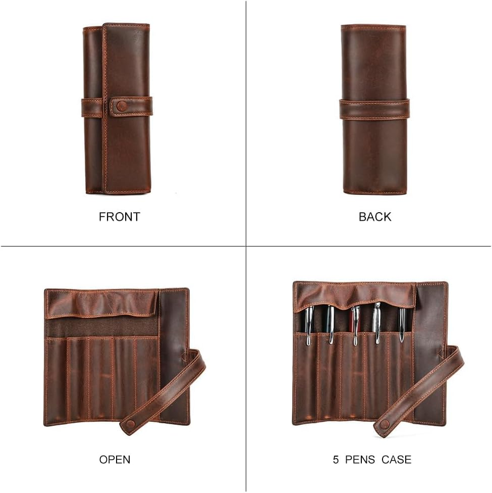 Contact'S Family Genuine Leather Fountain Pen Case for 5 Pens Jewelry Roll Large Capacity Leather Pen Case Pen Holder image number 4