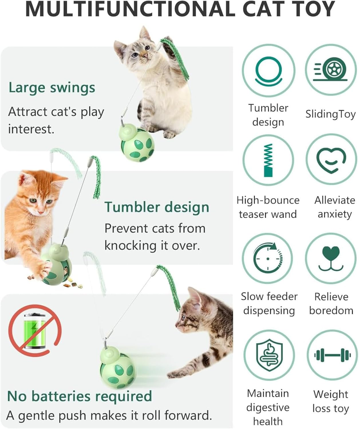 Yeanifeana Beetle Cat Toy for Indoor Cats, Interactive Treat Dispenser & Tumbler Toy with Cat Wand, Slow Feeder Balance Car Design for Exercise/Boredom Relief (Green) image number 1