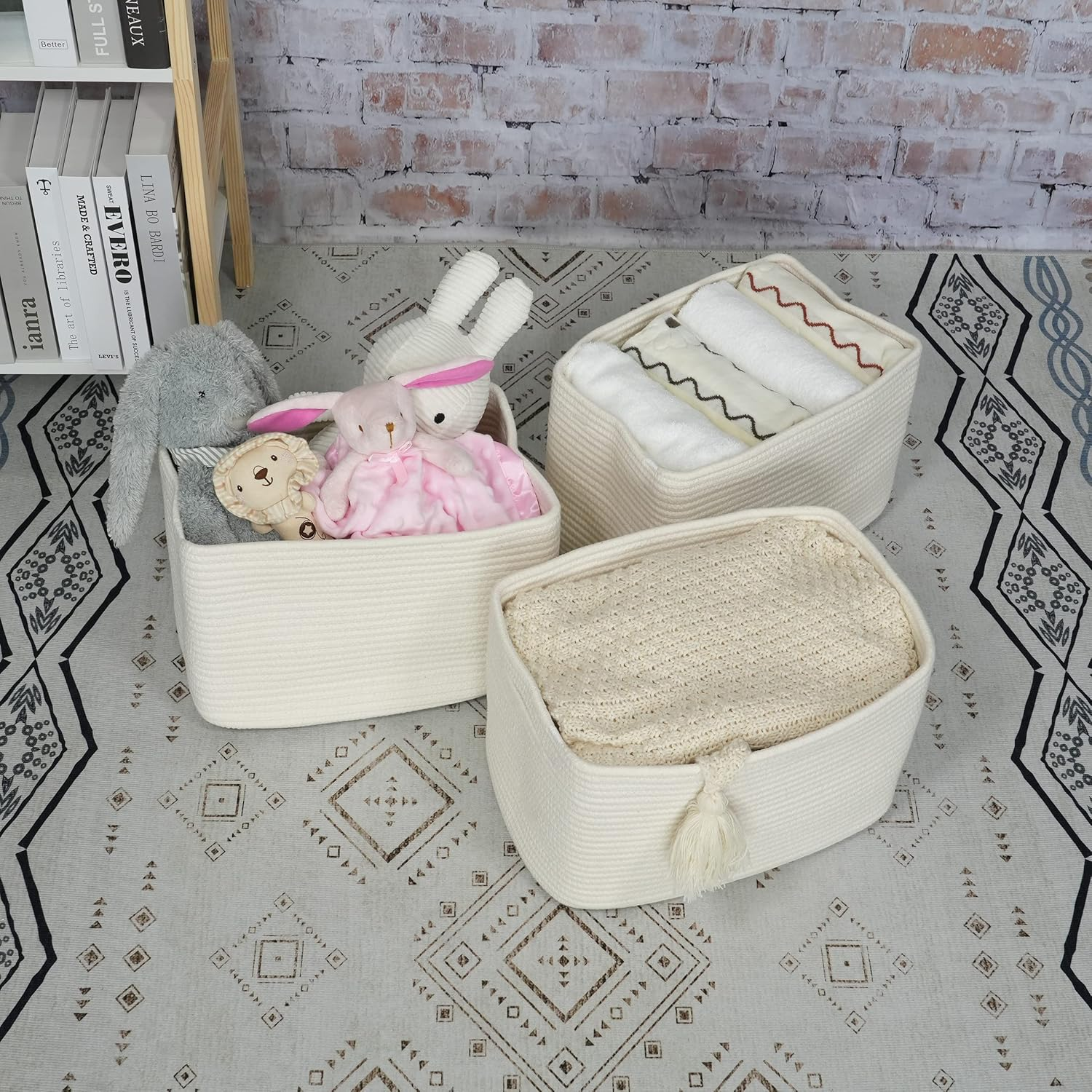 Cotton Rope Storage Basket Bins Woven Basket Organizing Shelves Rectangle Decor Storage Clothes Toy Book Towels Square Wicker Nursery Basket Organizer 3Pack White LBG-0001 14.5''X9.5''X9.3'' - Blue And White image number 7