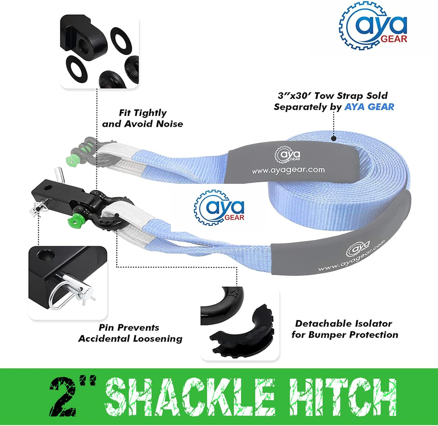Aya Gear Shackle Hitch Receiver 2 Inch 35,000Lbs Break Strength Heavy Duty Receiver with 5/8" Screw Pin, 3/4 Shackle. Vehicle Recovery Off-Road, Towing Accessories Compatible Trucks Jeeps (Greenpin) image number 5