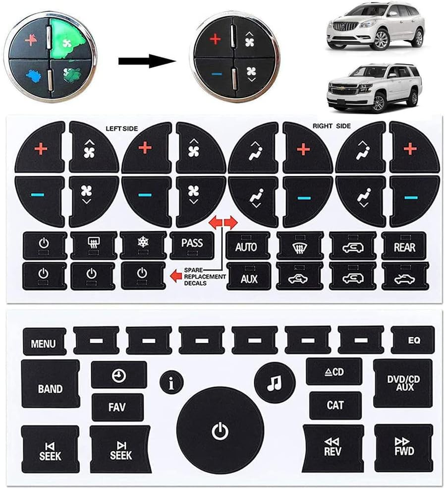 2Pcs AC Dash Button Decal + Radio Button Repair Kit Stickers, Decal Replacement for 2007-2015 GM Vehicles Car SUV Van Truck Chevy Accessories