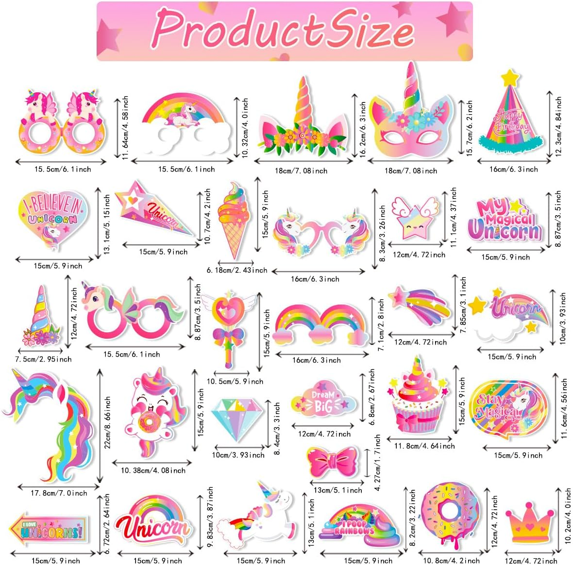 Buziba 30Pcs Unicorn Photo Booth Props Rainbow Unicorn Theme Photo Boothprops Party Supplies for Birthday Party Favors Decorations image number 4