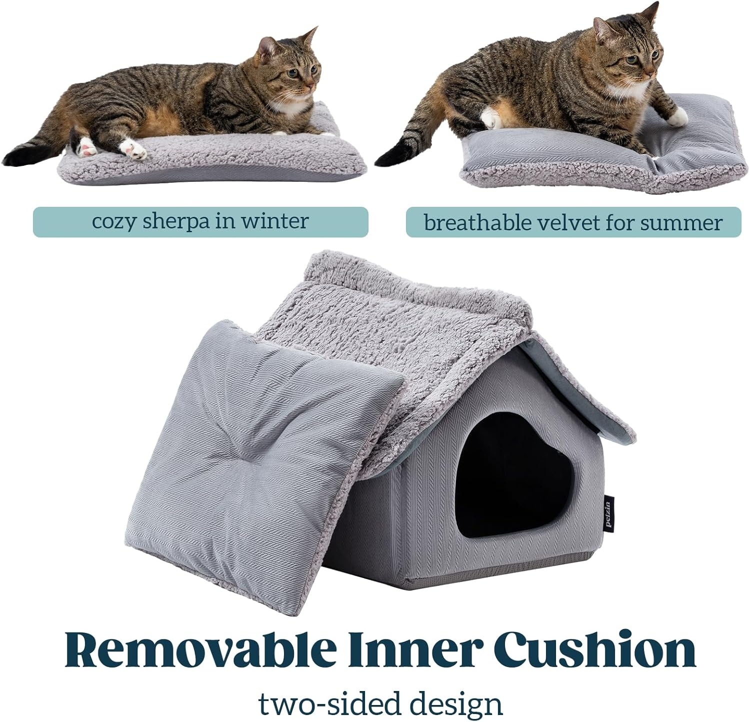 Pelzin Large Cat Houses for Indoor Cats - Cat Cave Bed with Removable Support Foam and Washable 2-Side Mat - Covered Cats Bed for Pet Hideaway - Enclosed Cat Hideout for Kitten and Small Pet image number 6