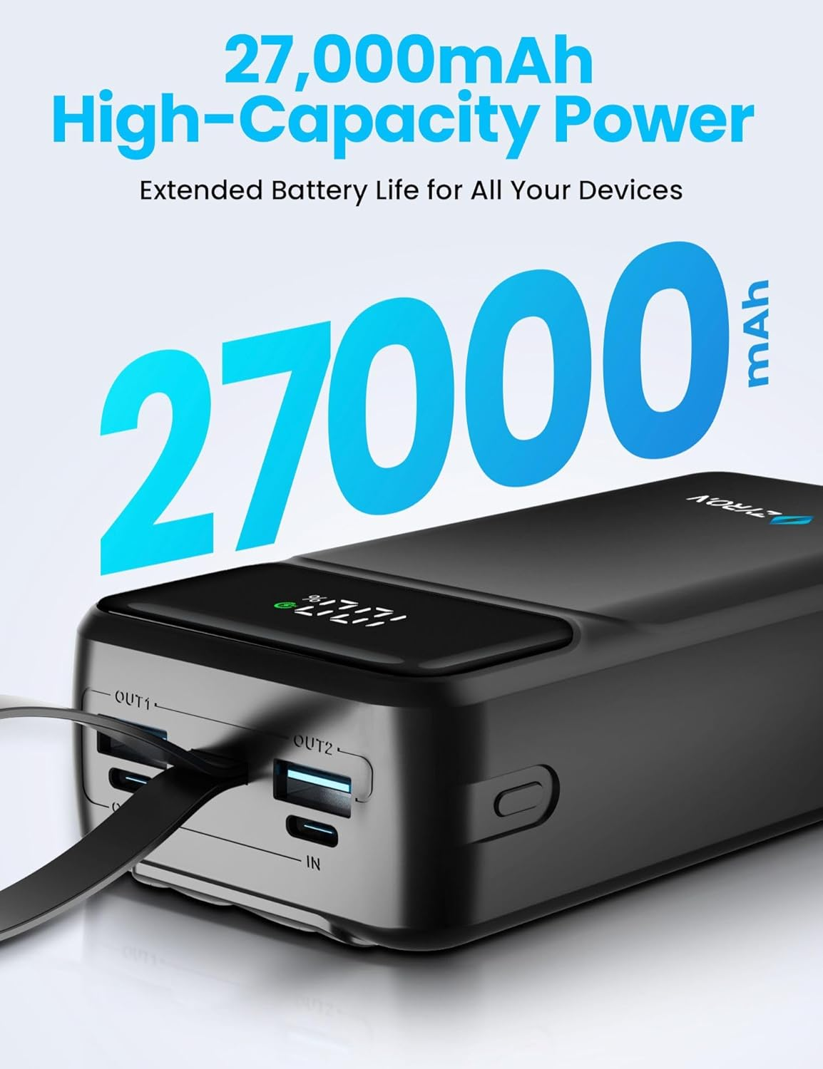 ZYRON 27000Mah Power Bank, 22.5W Dual USB-C Portable Charger with Built in Cables, Fast Charging PD3.0 QC3.0, LED Display, High Capacity 20W Powerbank for Iphone 16 S24 Xiaomi Pixel Switch Ipad, Black image number 3