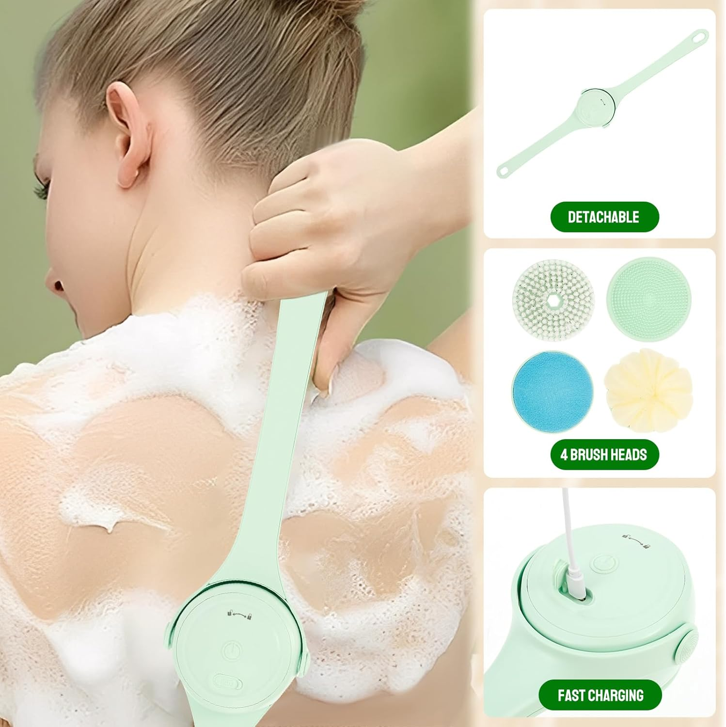Electric Body Scrubber for Shower, 2 Handles & 4 Detachable Heads, IPX7 Waterproof, Rechargeable Deep Cleansing Body Brush, Electric Back Scrubber for All Skin Types (Green) - Green image number 2