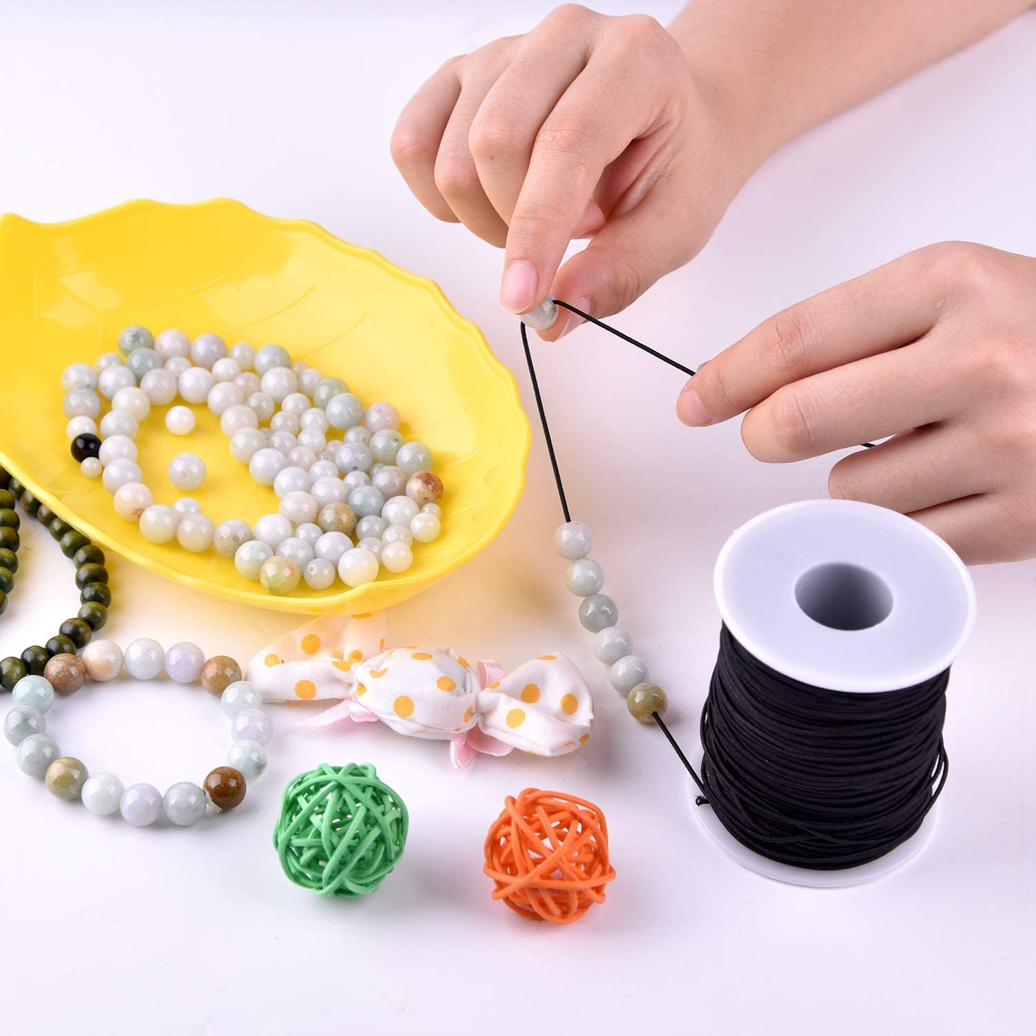 2 Roll 1 Mm Elastic String Cord Elastic Thread Beading String Cord for DIY Jewelry, Hair Ties Bracelets, Necklaces, Beading and Crafts 100 Metres/Roll(Color:White and Black) image number 1