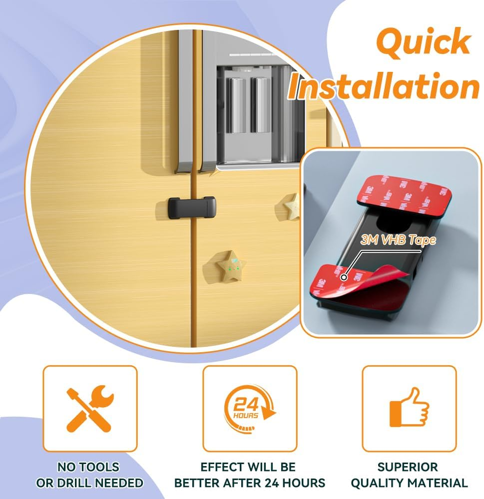 SAFELON 2 PCS Baby Safety French Fridge Door Lock, Childproof Double Door Refrigerator Lock, Cabinet Cupboard Lock for Toddlers & Babies, No Drilling& No Tools (Black) - White image number 7