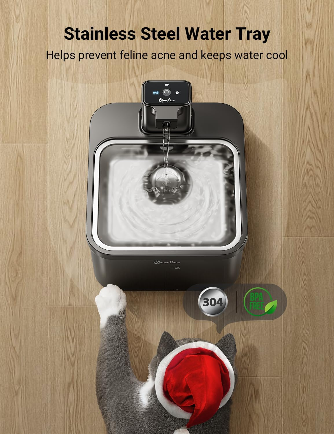 Downypaws Cordless Cat Water Fountain Battery Operated Rechargeable Wireless 4000 Mah Stainless Steel Motion Sensor Ultra Quite Pump 2.5L Indoor, Black image number 4