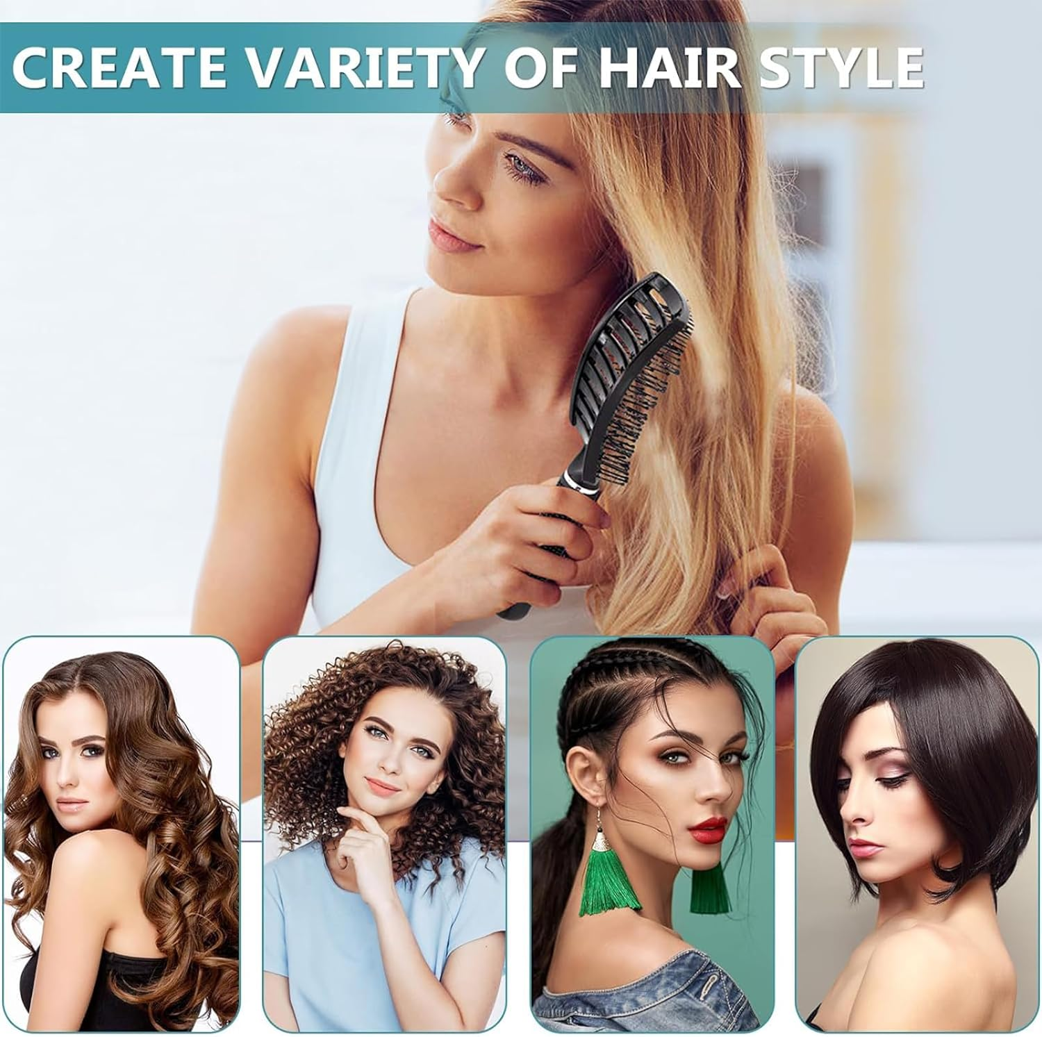 4Pcs Hair Brush, Boar Bristle Slick Back Hair Brushes for Women Men Kids Paddle Detangler Curved Vent Styling Hairbrush for Wet Dry Curly Thick Hair Smoothing Massaging Detangling PINK image number 5