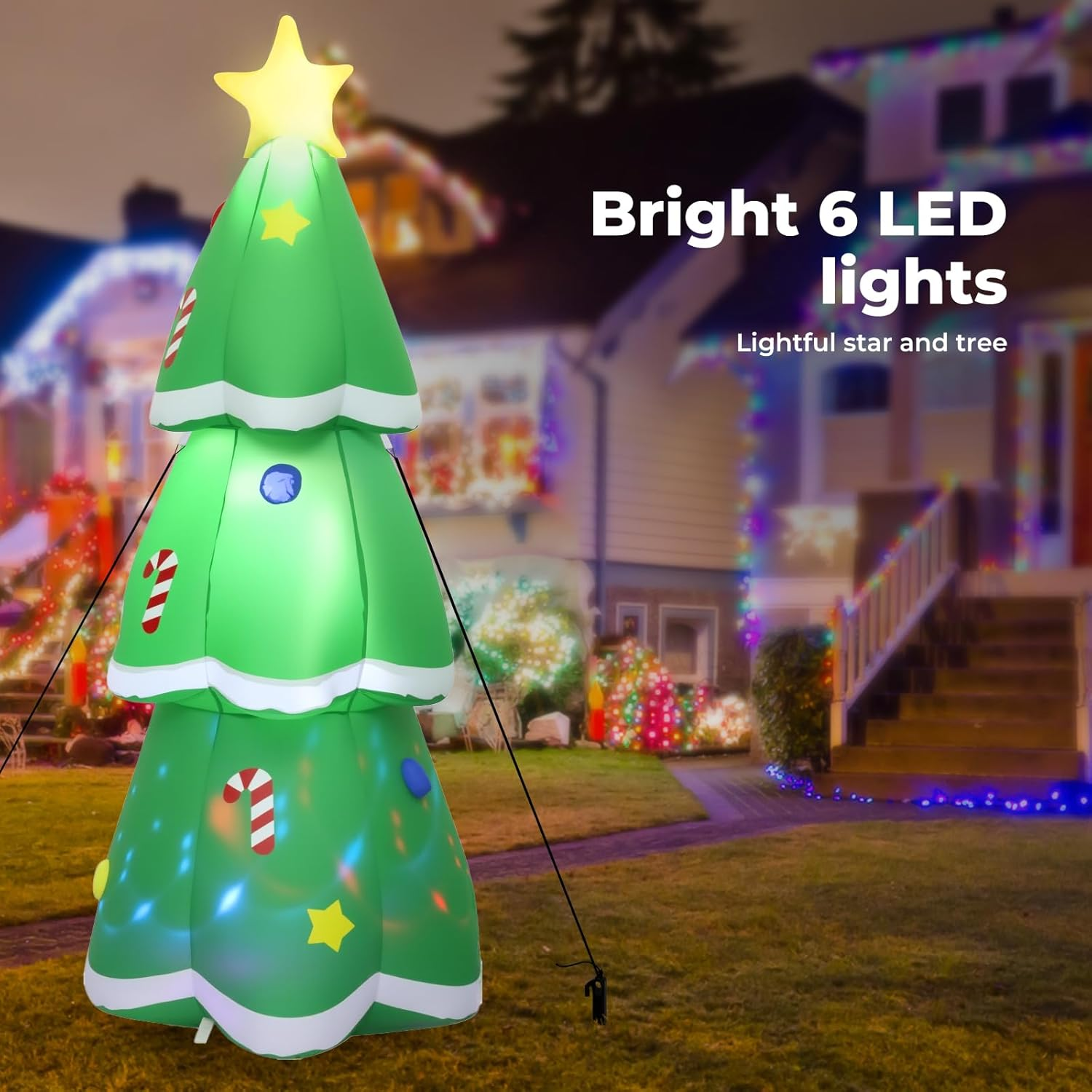 Santaco Christmas Inflatable Xmas Blow up Tree Decoration Built-In Fan, 7-Color Flashing LED Lights & Music,Lighted Star Treetop,For Holiday Party Gifts, Yard, Backyard, Home Garden Decor, 150CM image number 4