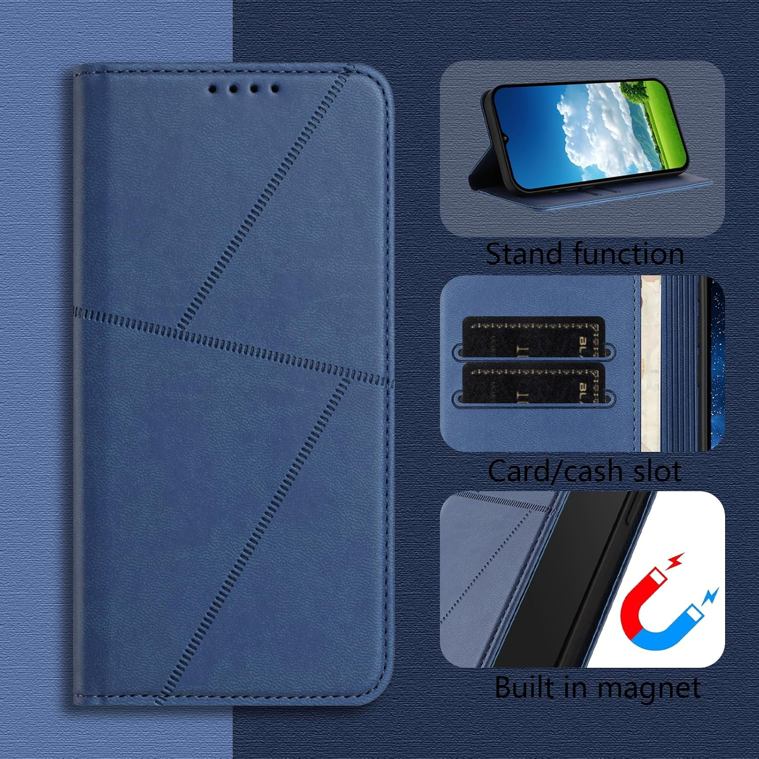 Case for Iphone 16, PU Leather Cover Wallet Case Wallet for Iphone 16, with Card Holder Slot Flip Cover Kickstand Drop Protection Magnetic Wallet Case - Blue image number 3