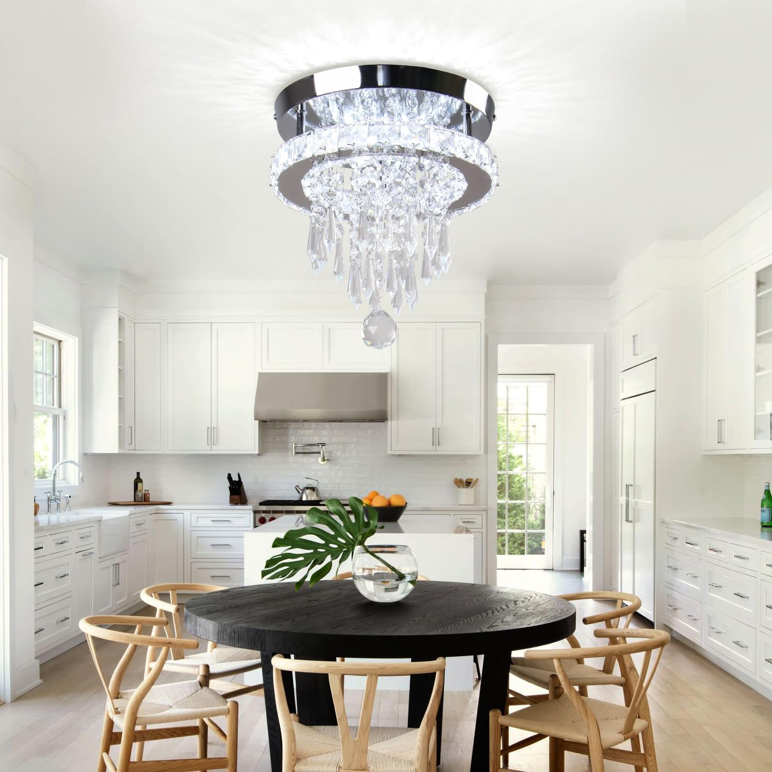 FRIXCHUR Modern LED Crystal Ceiling Light, round Crystal Chrome Ceiling Light for Bedroom, Living Room, Hallway, Kitchen (White) image number 2