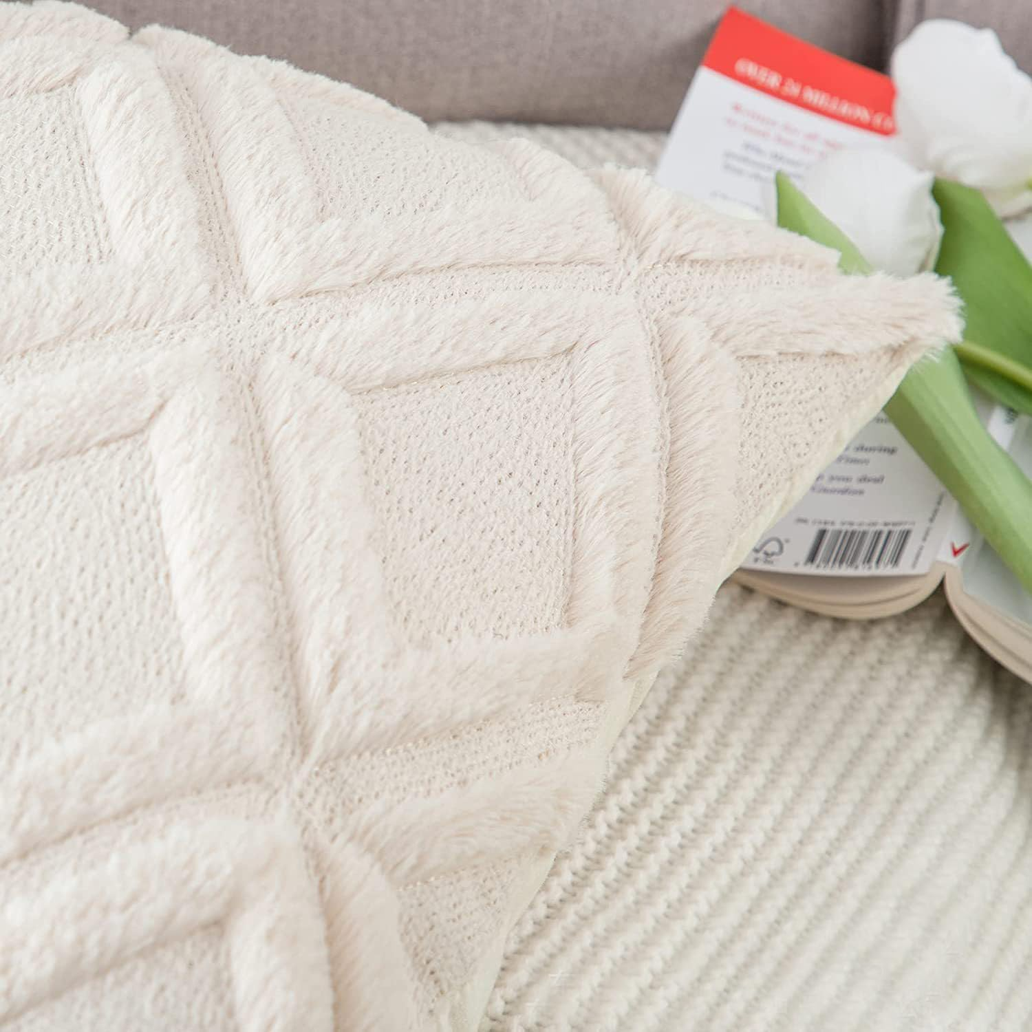 CJWLKJ 2Pcs Soft Faux Fur Throw Pillow Covers 18X18 - Plush Short Wool Velvet Decorative Pillow Covers - Couch Sofa Pillow Covers for Living Room - with 3D Pattern (Beige)