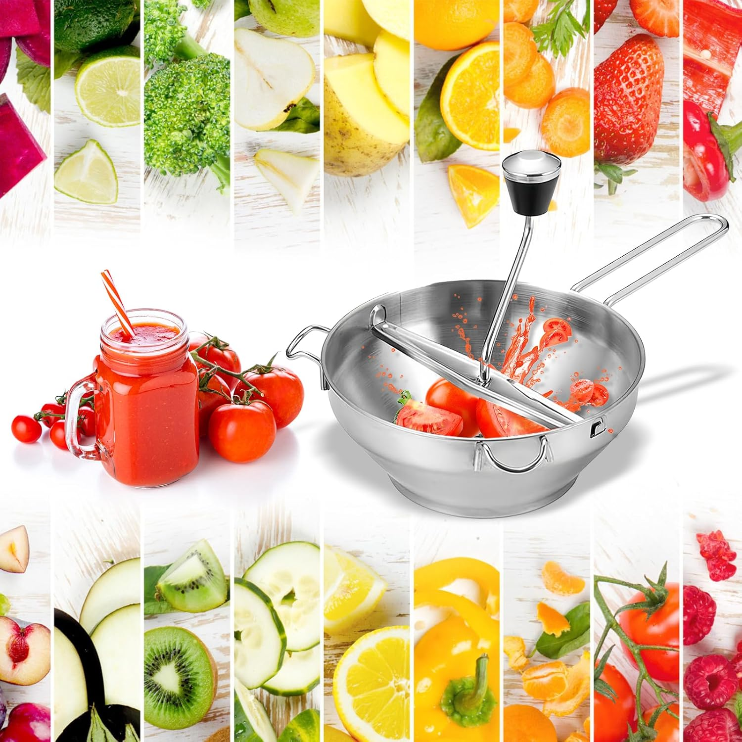 Food Mill Made of Stainless Steel with 3 Sieve Inserts, Jam Mill, Stainless Steel Vegetable Mills, Large Food Mill for Pressing Fruit, Vegetables, Tomatoes, Mashed Potatoes, Baby Food image number 5