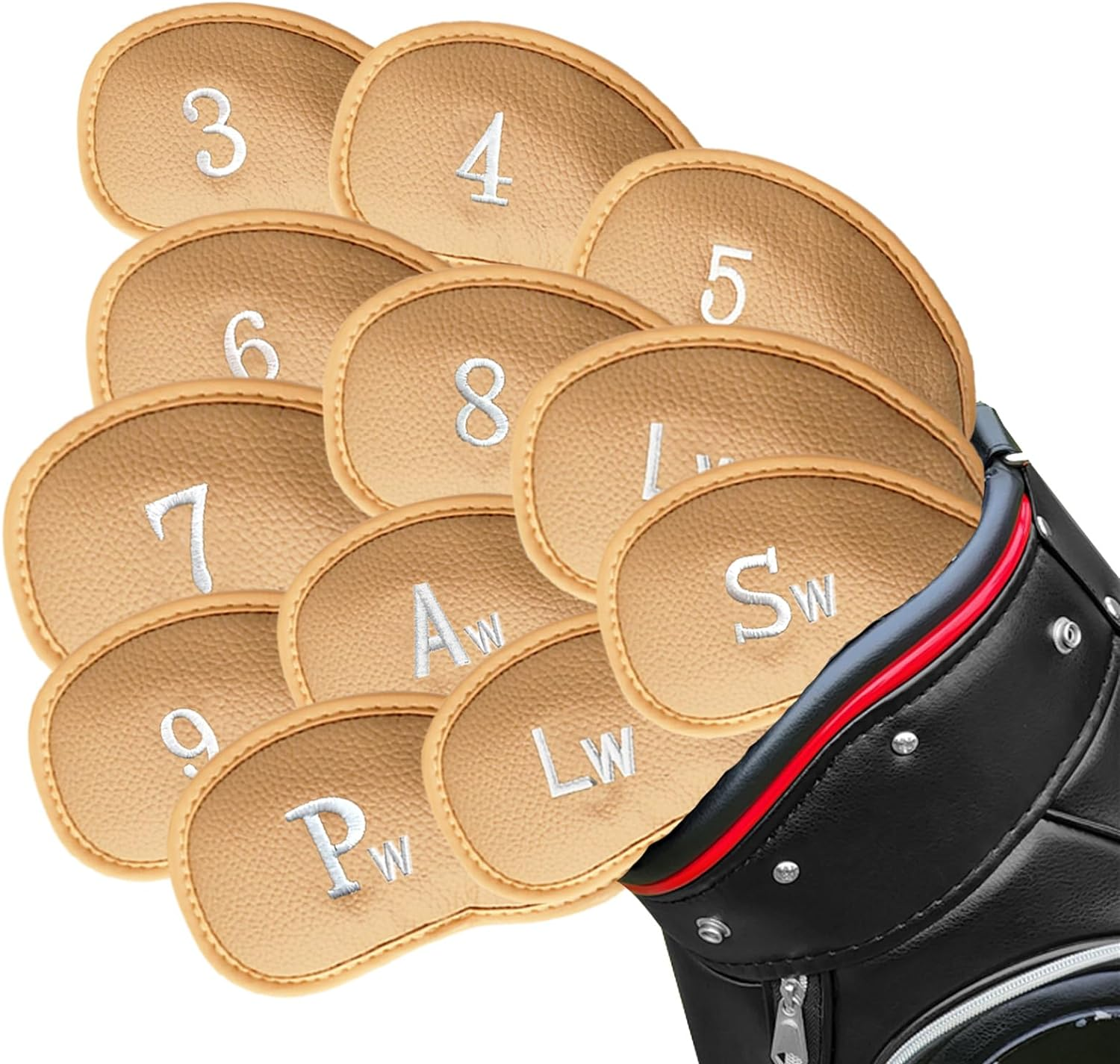 Golf Head Covers Iron Set 12 Piece 3 4 5 6 7 8 9 Lw Pw Sw Aw for Both Left and Right Handed, Leather Irons Club Headcovers Deluxe Color Black Blue Red Universal Fit All Brands