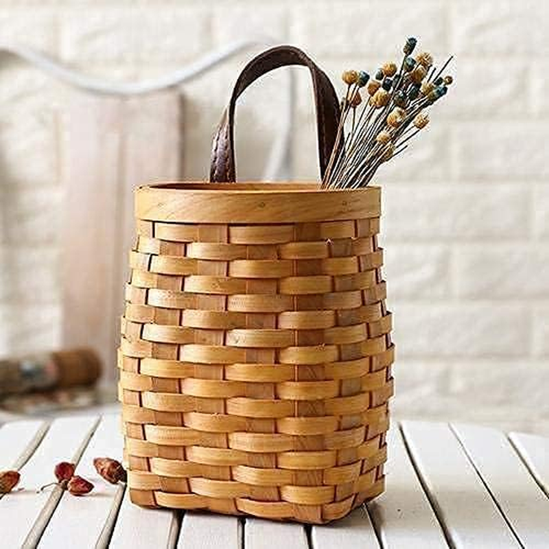 Hanging Wicker Basket Hand-Woven Wood Storage Basket Portable Wall Hanging Flower Basket Organizer Fruit Vegetable Rattan Box Home Decoration Height 6.1In