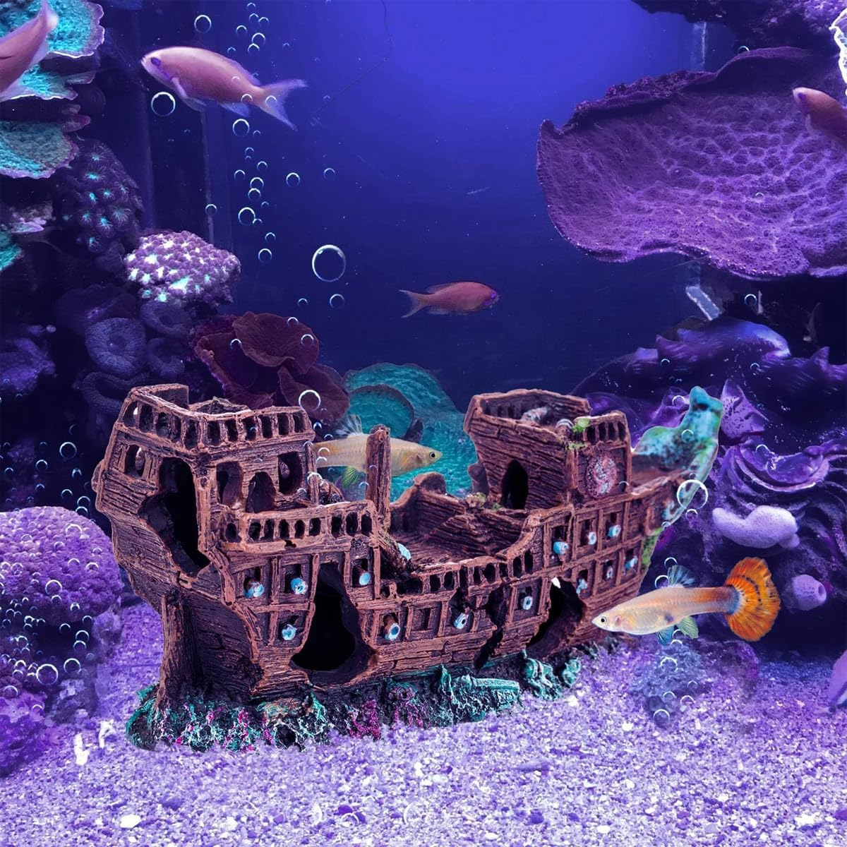 AIMALL Resin Pirate Ship Aquarium Decoration 9.44X3.74X2.55In Sunken Wreck Ornament for Fish Tank Aquascaping Underwater Scene Hideout Decor
