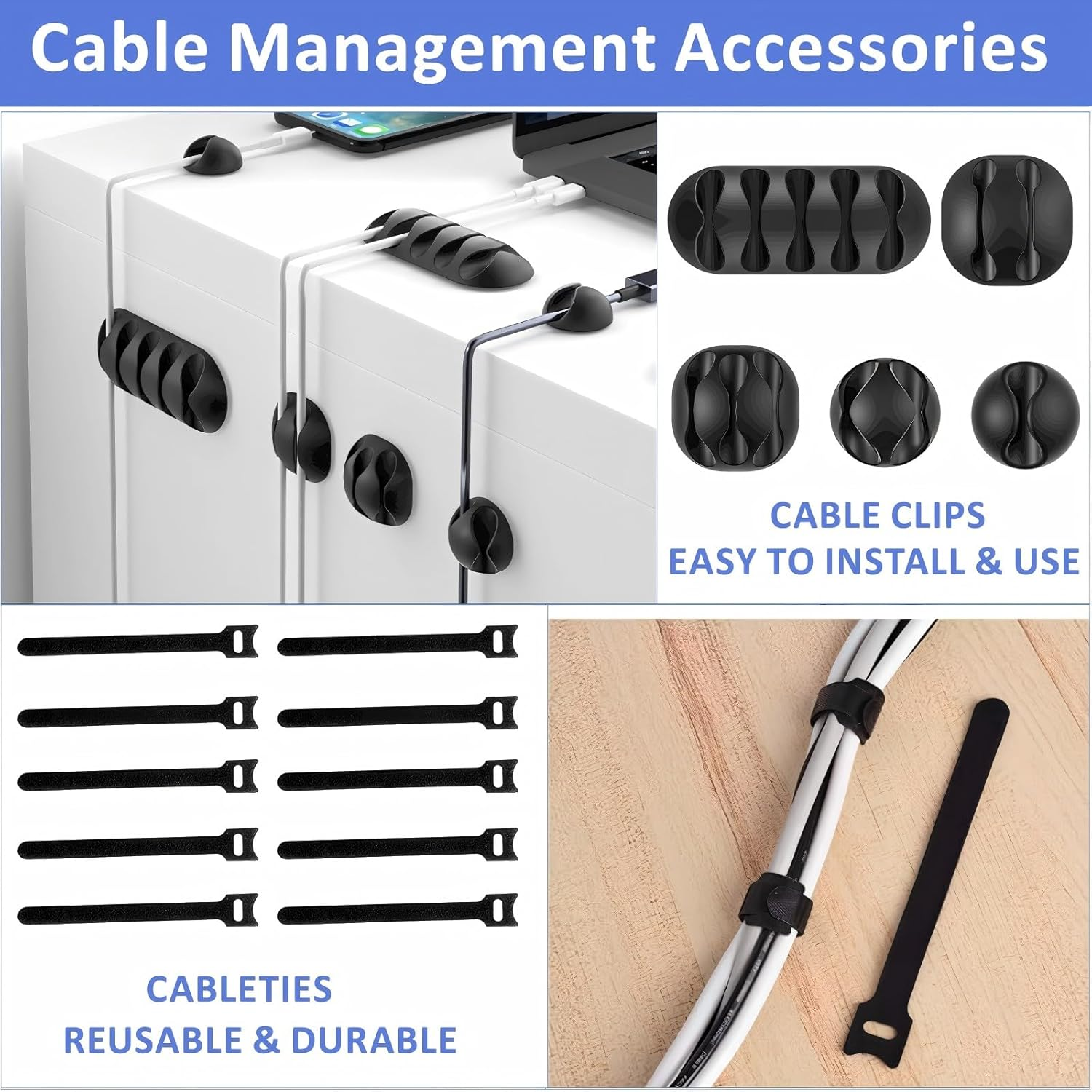 3 PCS Cable Management Box with Bamboo Lid, for TV, Computer, Router, USB Hub and under Desk Power Strip, Safe ABS Material and Baby-Pets Proof Lock, with 10 Cable Ties & 16 Multi-Hole Hubs (Black) image number 4