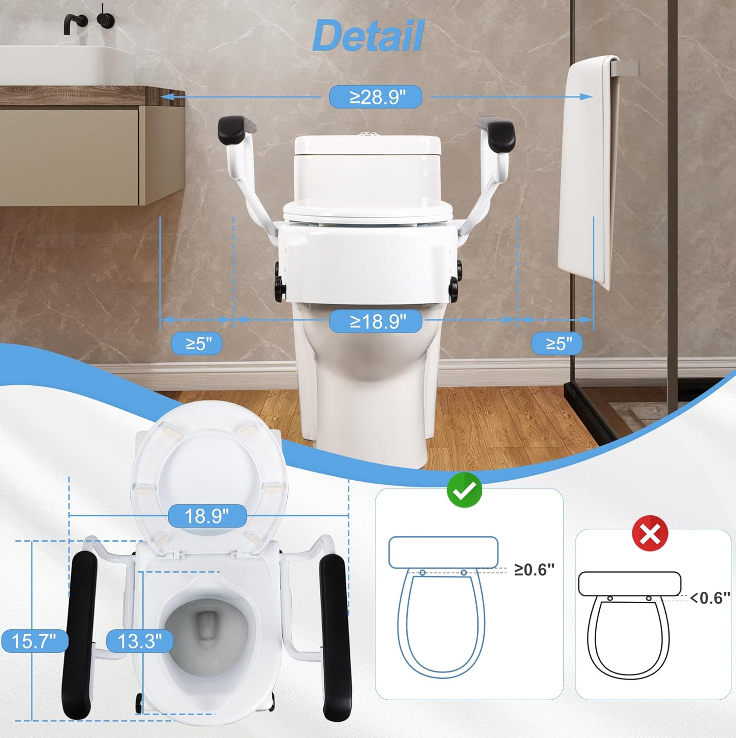 Raised Toilet Seat for Seniors with Flip-Up Handles, 5.5" Adjustable Toilet Seat Riser Elevated Medical Supplies & Equipment for Handicap, Elderly, Hip Replacement after Surgery image number 6
