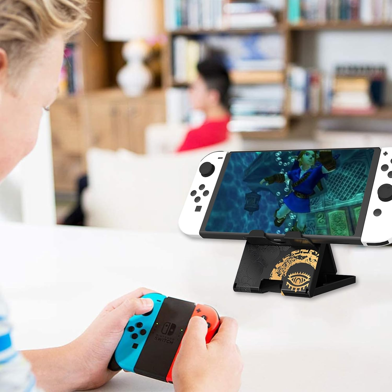 Busjoy Stand for Nintendo Switch, Switch OLED, Switch Lite, for Zelda Tears of the Kingdom Cute Holder Bracket, Adjustable Portable Foldable Non-Slip Playstand-Black - Animal Forest-Green image number 3