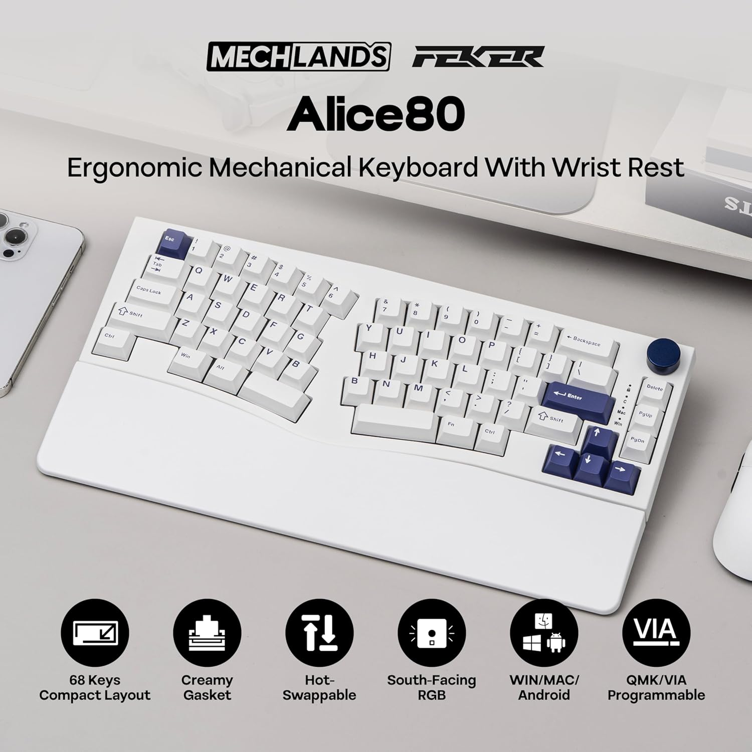 Mechlands Feker Alice80 68 Keys Ergonomic Mechanical Keyboard, QMK & via Programmable, Wired Gaming Keyboard with Creamy Gasket, Hot Swappable, 5 Layer Paddings, NKRO, RGB for Win/Mac (White) image number 5