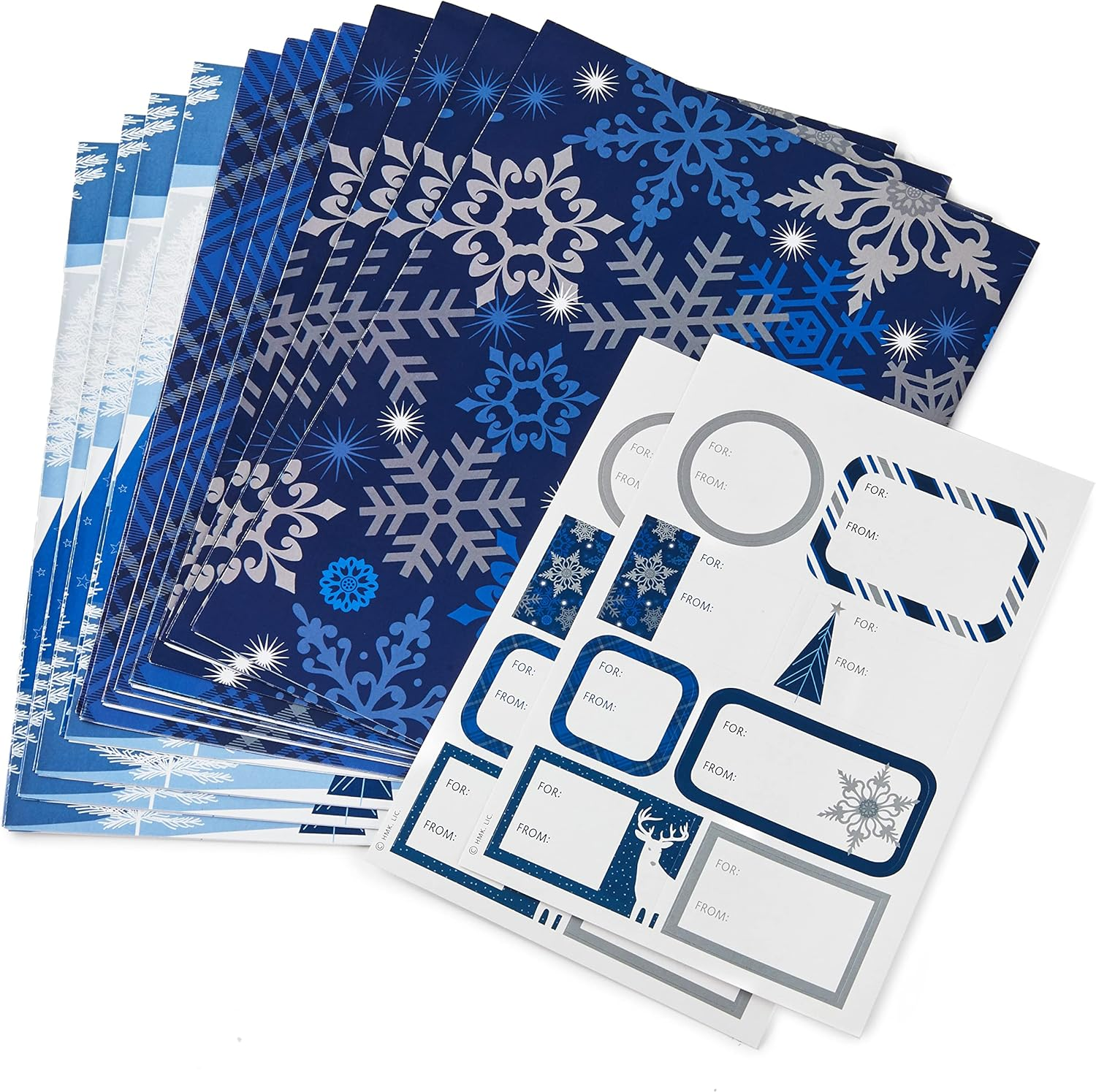 Hallmark Christmas Flat Wrapping Paper Sheets with Gift Tag Seals - Snowflakes, Deer, Tartan Plaid Gift Wrap Paper (12 Sheets, 16 Gift Tag Stickers) for Holiday Parties, Hanukkah, Winter Weddings image number 1