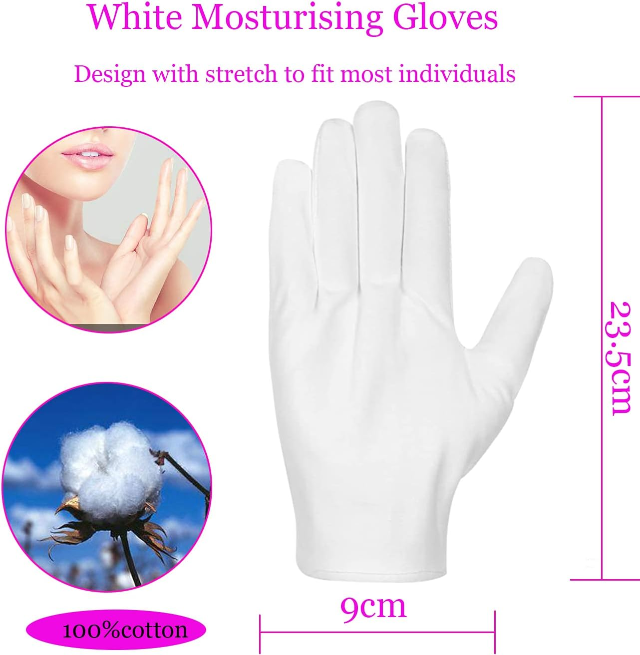 100% Cotton Gloves for Eczema,1 Pairs White Cotton Moisturizing Gloves over Night Bedtime | Cosmetic Inspection Premium Cloth Quality | Dry Sensitive Irritated Skin Spa Therapy Secure Wristband image number 3