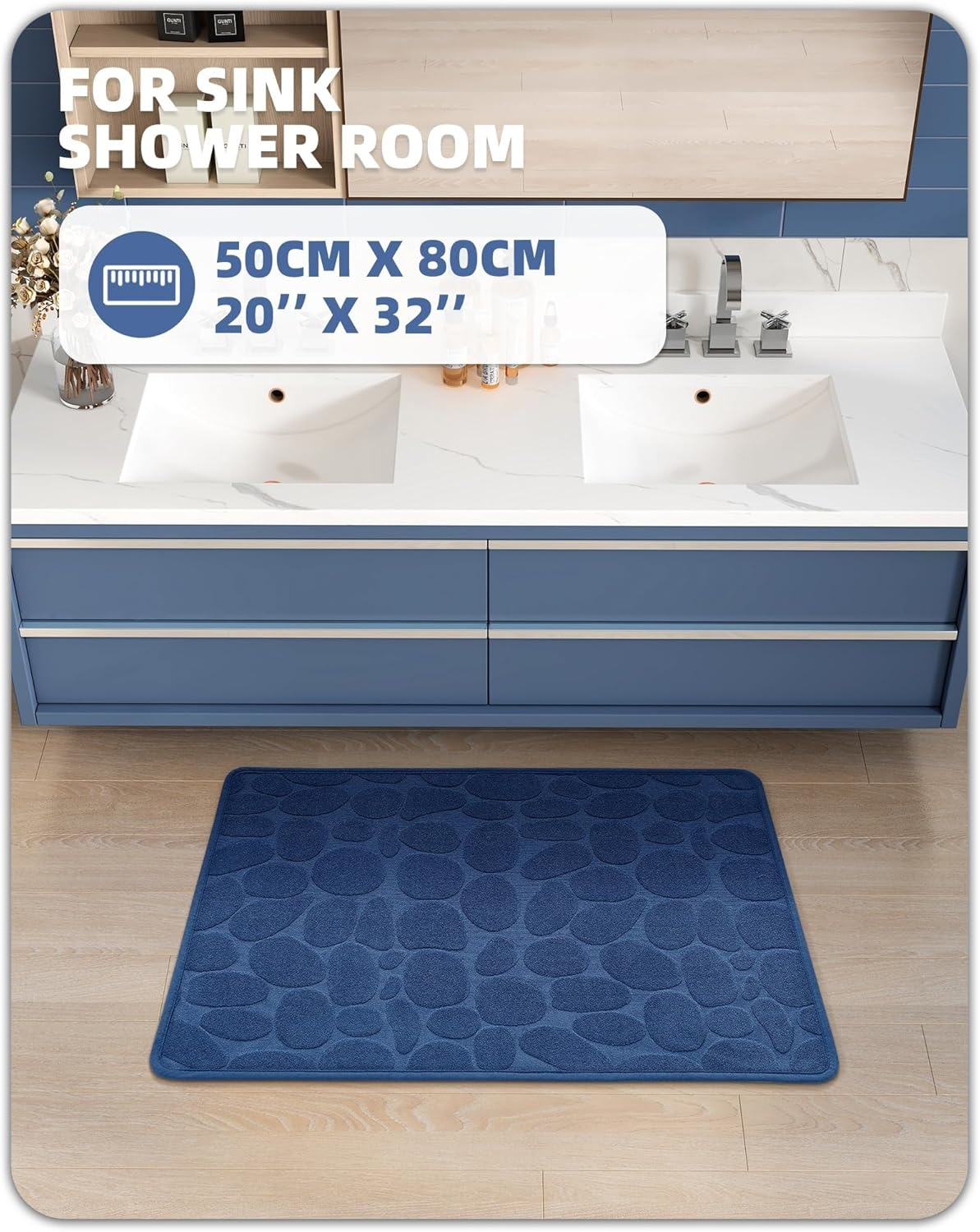 Color&Geometry Quick Dry Thin Bathroom Rugs Fit under Door- Super Absorbent, Non Slip Rubber Backing, Non Shedding, Washable Blue Bath Mat- 60X90Cm Large Bath Mats for Bathroom Floor