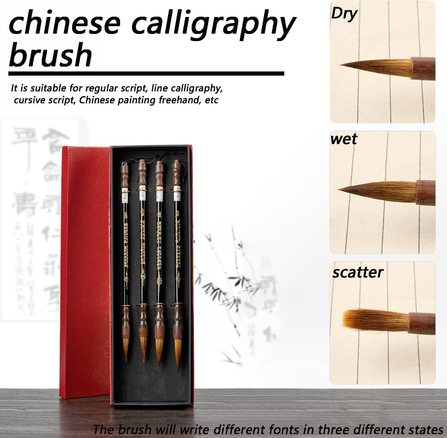 4 Pcs Traditional Chinese Calligraphy Brush Gift Set, Professional 4 Size Writing Drawing Chinese Ink Brush, Art Sumi Brushes for Ink Painting, Running Script, Regular Script, Cursive (4) image number 6