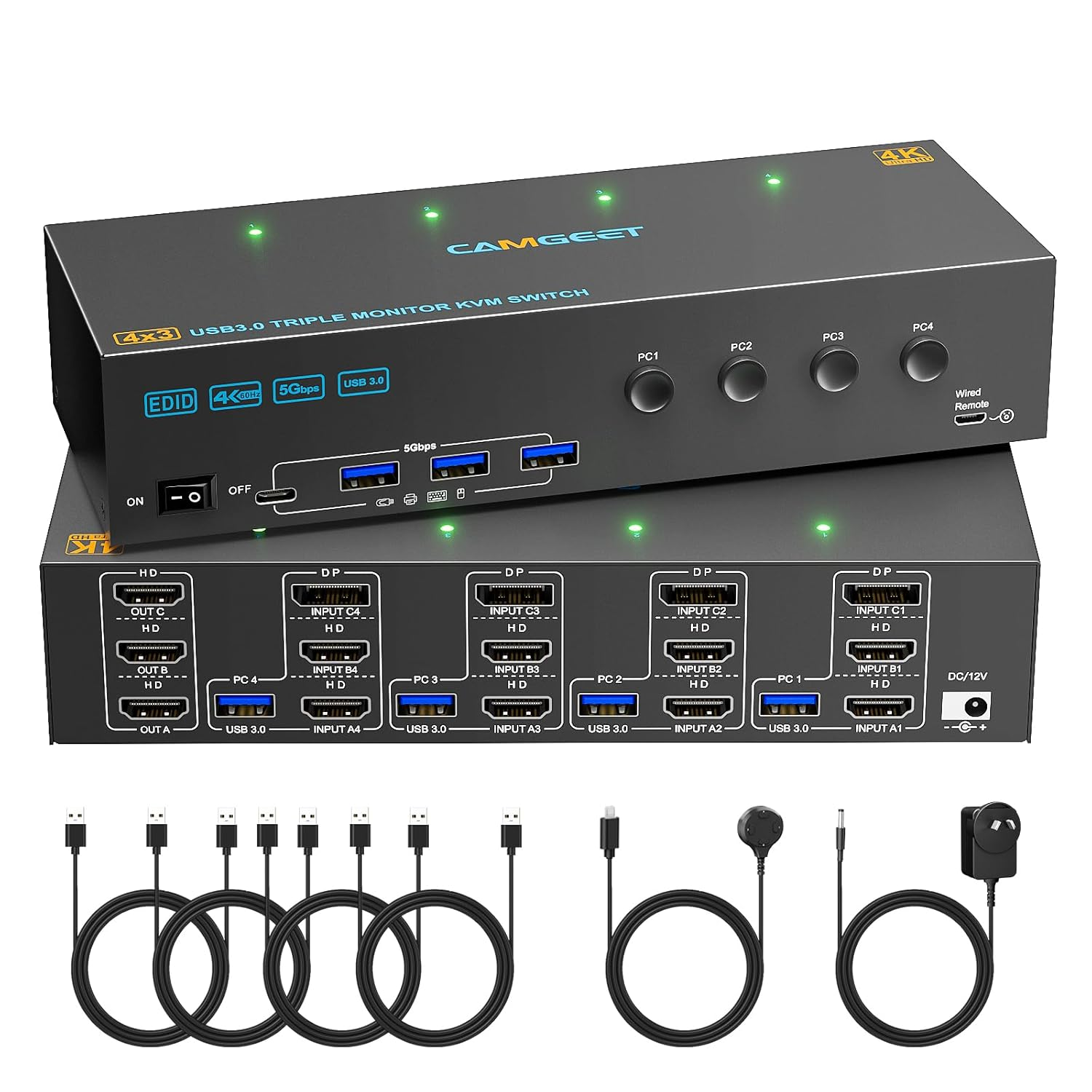 KVM Switch 3 Monitors 4 Computers 4K@60Hz,Edid Simulation,Usb 3.0 HDMI Displayport KVM Switch Triple Monitor for 4 PC Share 3 Monitors and Keyboard Mouse Printer,With Wired Remote and 4 USB Cables