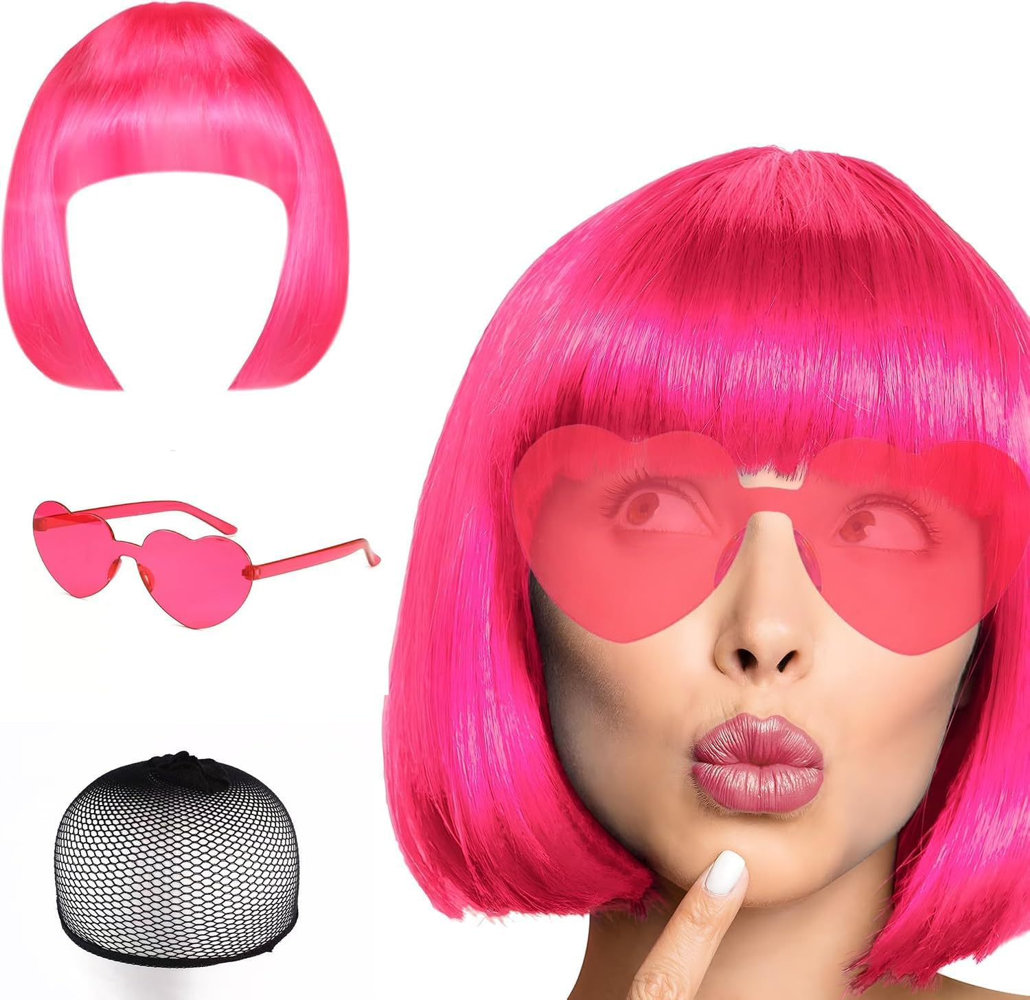 HENWUBEI Pink Bob Wig,Pink Wigs for Women with Double Heart Sunglasses and W-Ig Net Bag,Colourful Wig Perfect for Cosplay, Party, Hall-Oween,Fashionable and Comfortable image number 4
