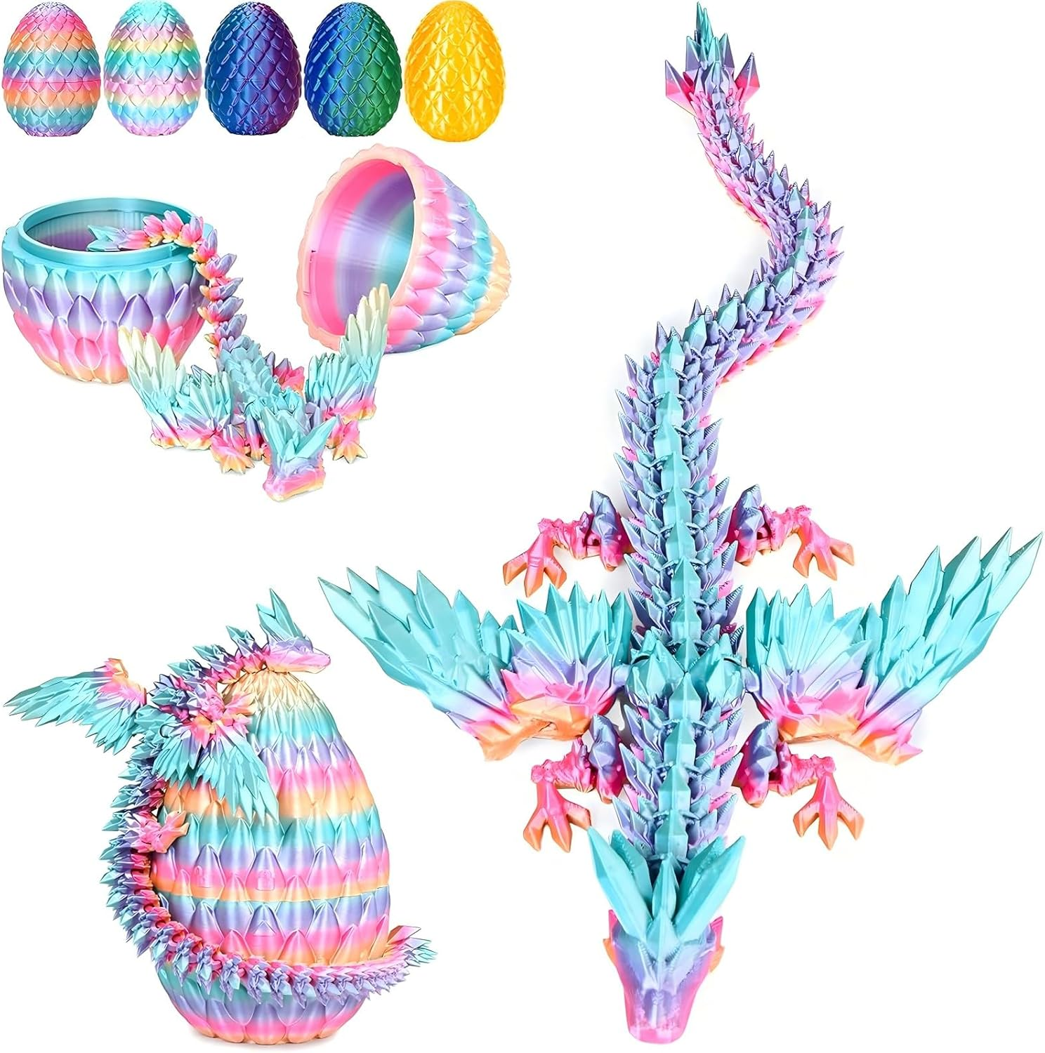 Flying Dragon Eggs, 3D Printed Easter Dragon Egg, Articulated Crystal Dragon Fidget Toy, Toys for Kids, Home Decor, Creative Ornaments, Birthday Gifts, Mystery Mythical Pieces Dragon (Rainbow Candy)