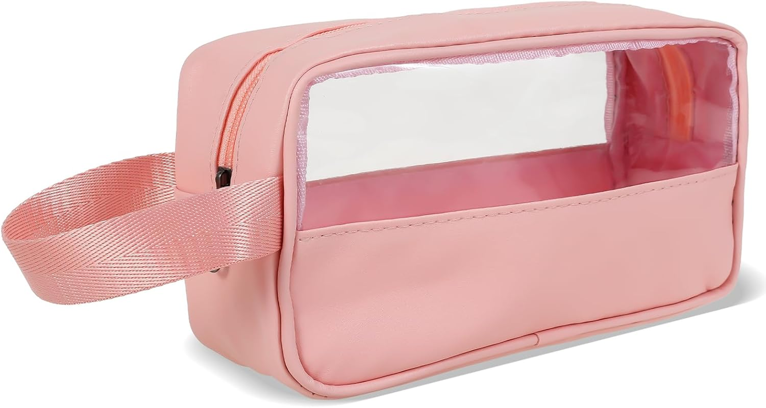 Makeup Bag, PVC Clear Toiletry Wash Bag, Waterproof Transparent Cosmetic Bags, Large Capacity Clear Makeup Organizer, Side Carry Handle, Multifunctional Portable Wash Pouch, for Travel (Pink)