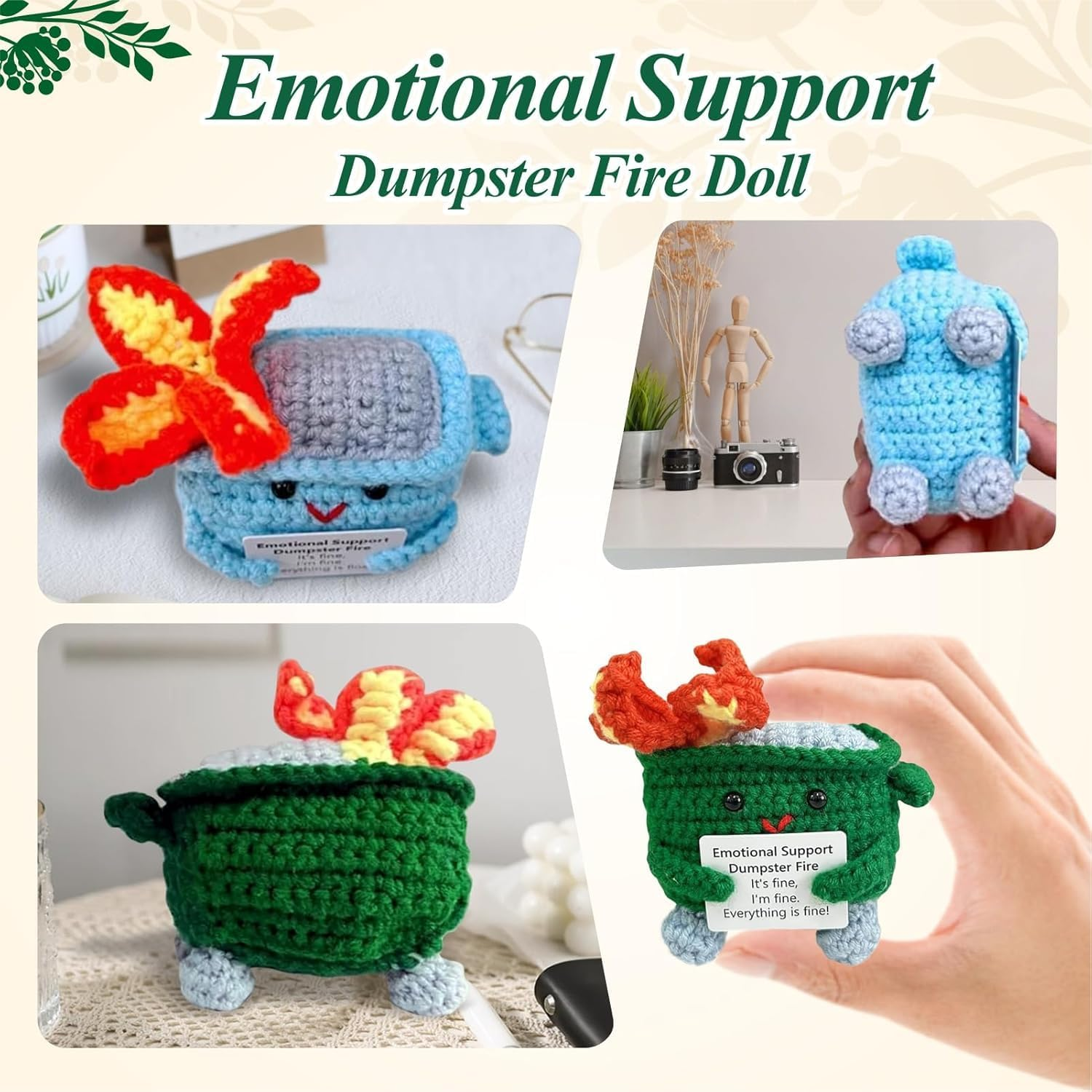 Emotional Support Dumpster- Handmade Crochet Dumpster Fire Doll, Christmas Dumpster Fire Knitting Toy Ornaments with Positive Card, Handmade Emotional Support Crochet Gift Desk Decor (Yellow) - 2 Pack Funny Positive Potato image number 5