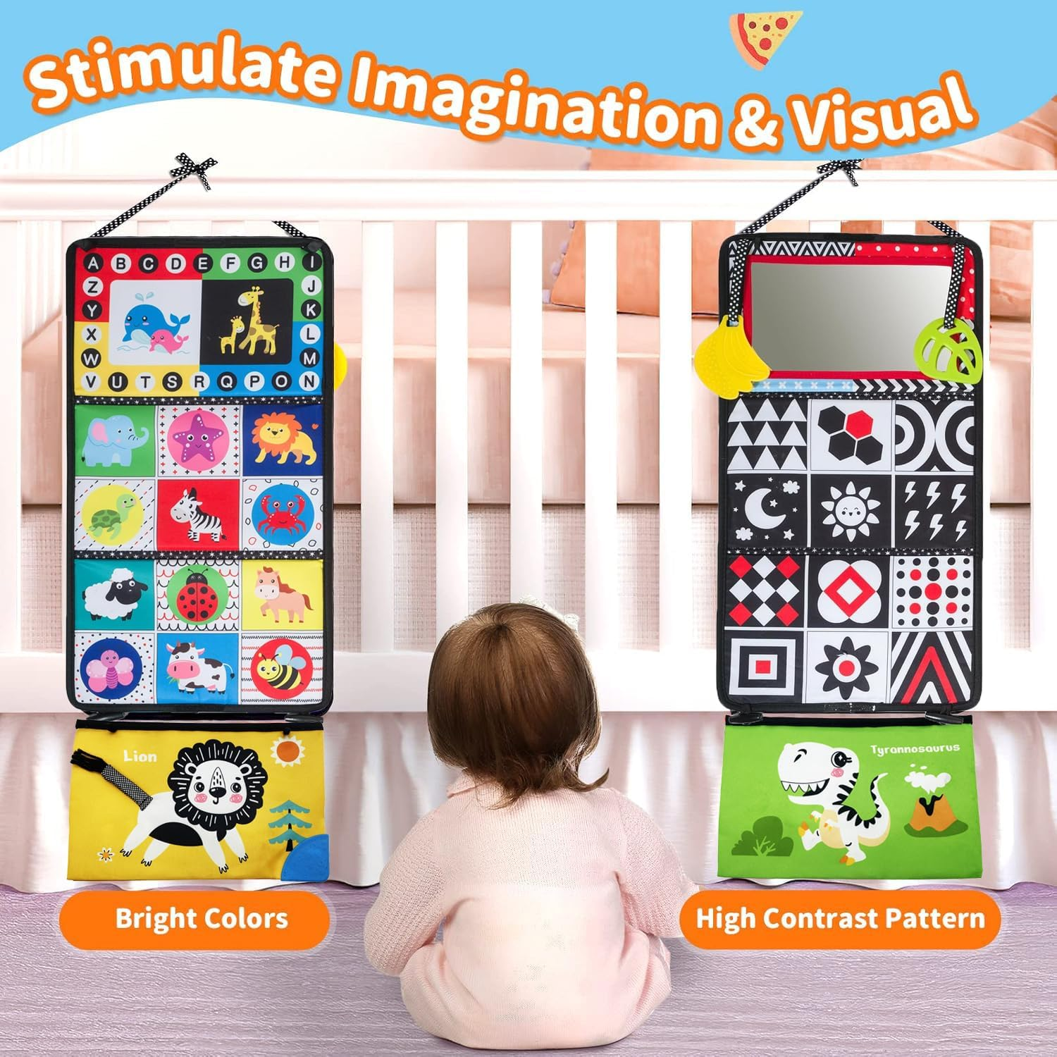 Tummy Time Floor Mirror, Black and White Baby Book, High Contrast Crinkle Cloth Book with Teethers, Activity Developmental Gift Toys for Infants Newborn Boys Girls 0-12 Months