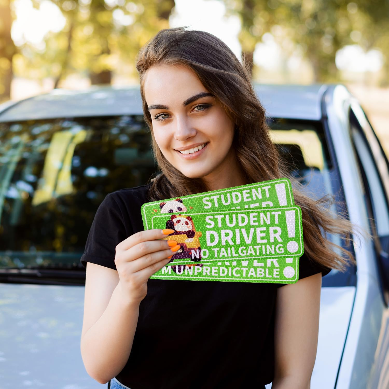 3Pcs Reflective Magnetic Car Stickers, 10.04X3.5In Premium Magnet Cute Panda Pattern Car Magnetic Stickers Safety Signs Suitable for Student Car Novice Drivers(Green) image number 5