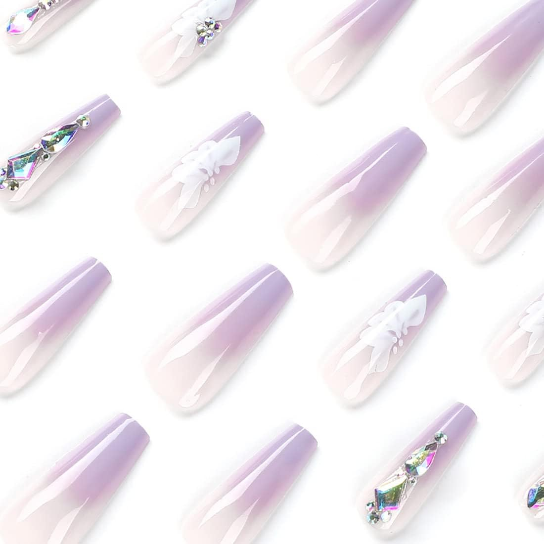 24Pcs Light Purple False Nails Long Coffin Shaped Ballet Fake Nails with Rhinestone Flower Pattern Design French Fake Nails for Women and Girls Nail Tips image number 4
