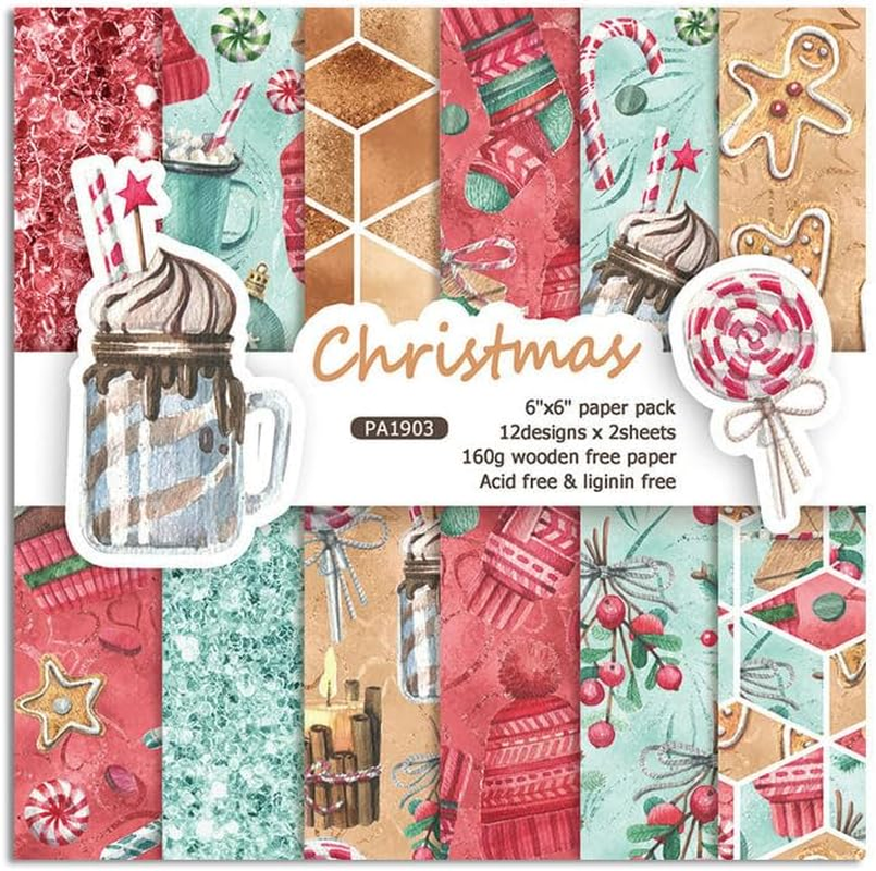 Syntego 24 Sheets, 12 Designs Cute Christmas Decorative Acid Free Scrapbook Paper Set 160Gsm,Single Sided 15.2Cm X 15.2Cm (6In X 6In)